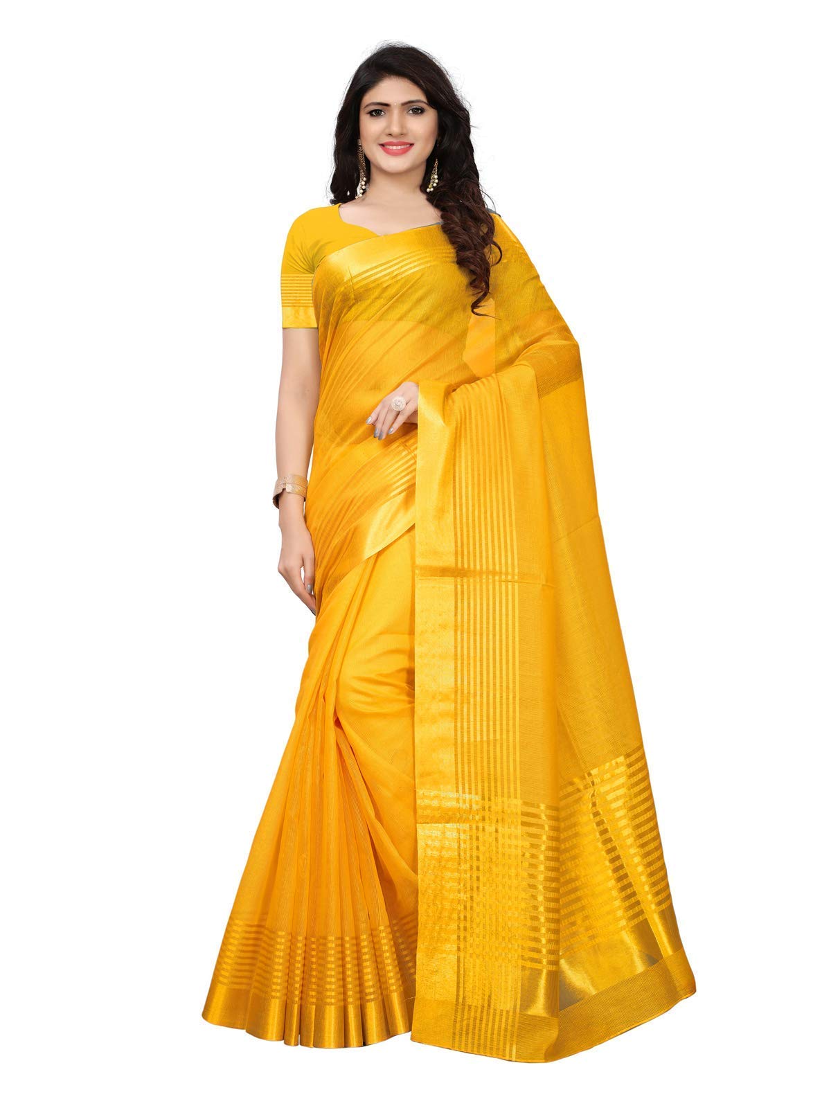 KANCHNARWomen's Cotton Silk Gold stripes Kota Doria Saree