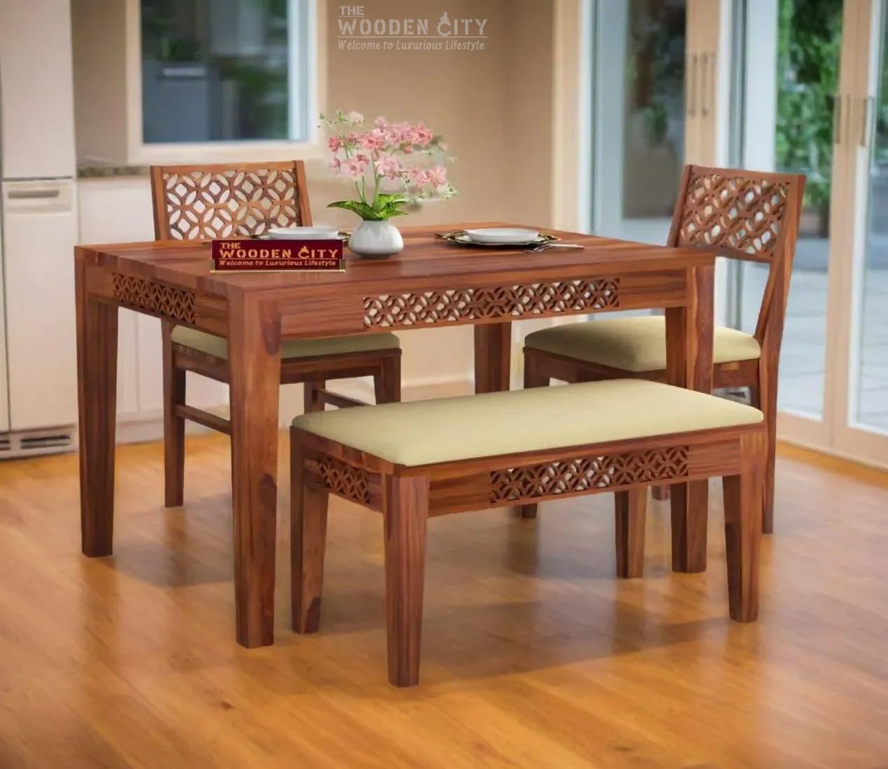 THE WOODEN CITY Solid Sheesham Wood Dining Table 4 Seater Dining Table Set with 2 Chairs & 1 Bench Dinner Table Set for Dinning Room Home,Hotel and Office (4 Seater, Honey2)