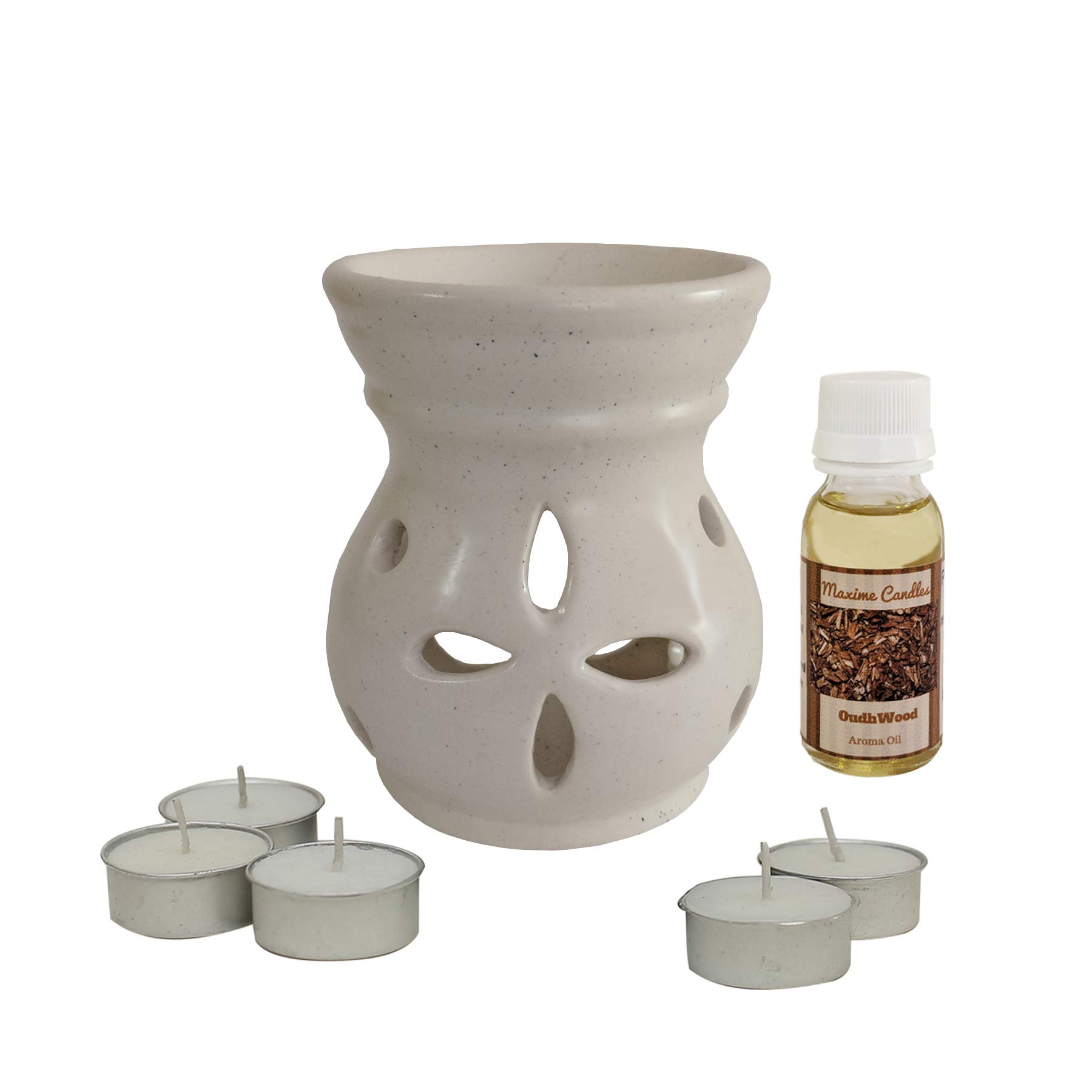 Maxime Candles Ceramic Aroma Diffuser with Aroma Oil and Tealight Candle Set (10 cm x 10 cm x 13 cm, White, MR191/OudhWood)