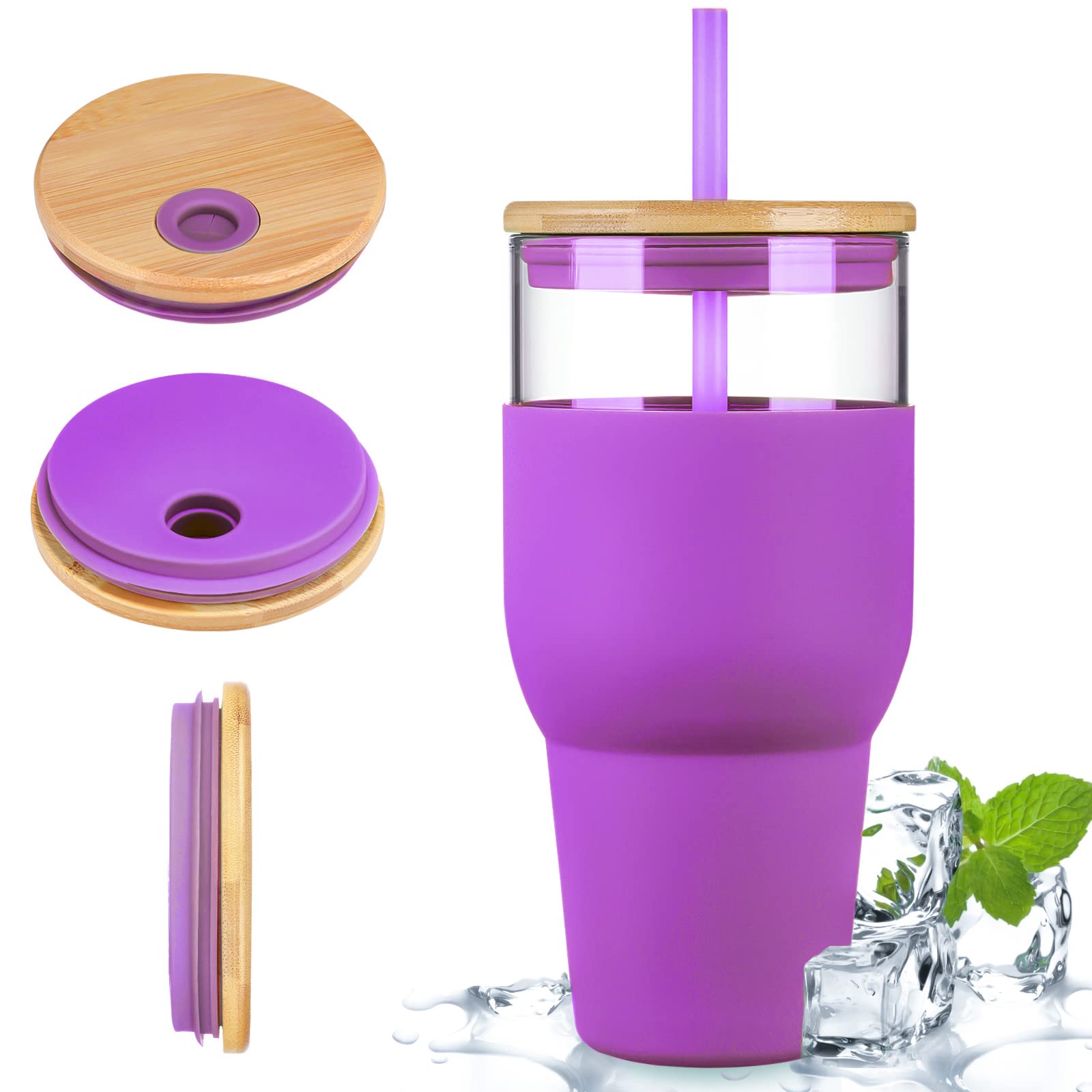 kytffu 32oz Glass Tumbler with Straw and Lid, Reusable Boba Smoothie Cup Iced Coffee Tumbler with Silicone Sleeve, Fits Cup Holder Glass Water Bottle BPA Free, purple