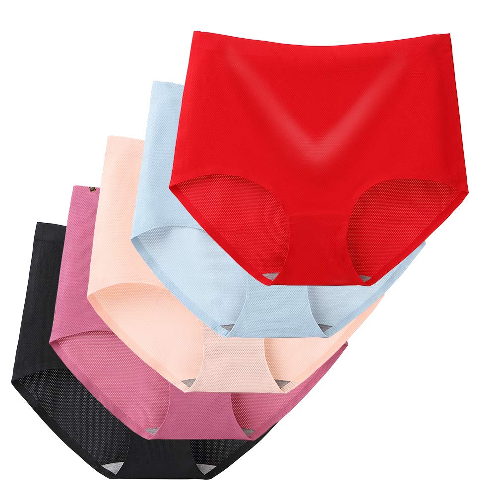 Women's 5 Pack High Waist Silk Mesh Solid Color Tummy Control Cotton Underpants Briefs Invisible Seamless Underwear