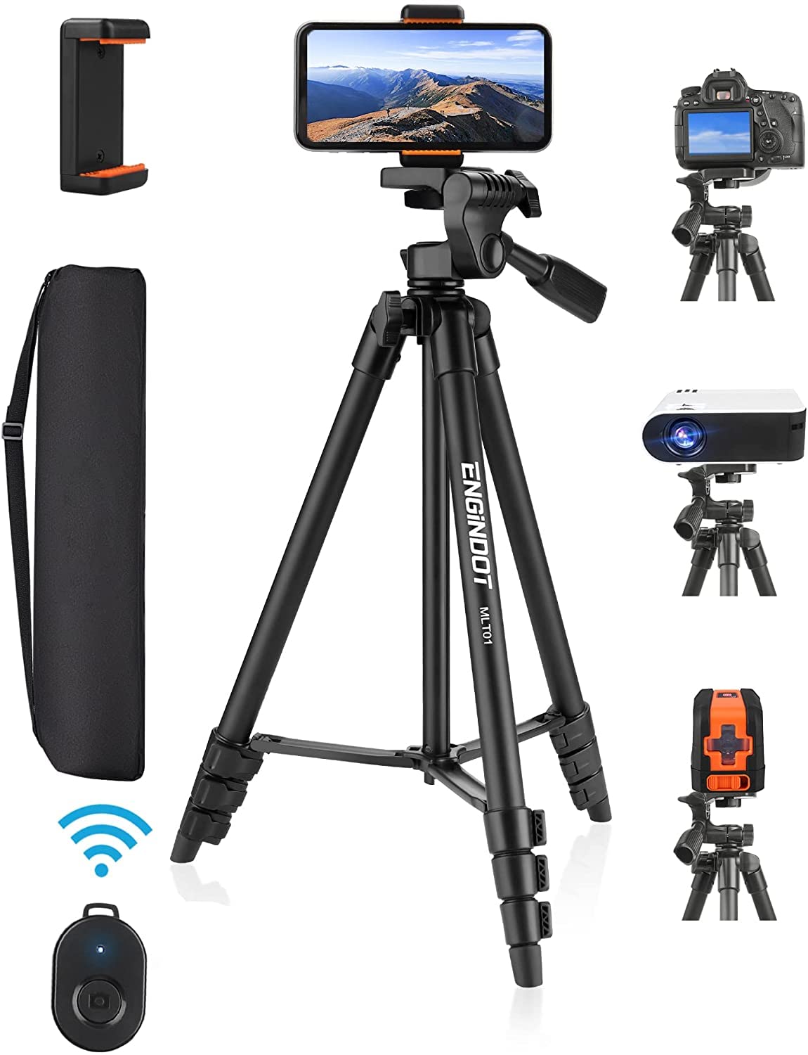 ENGiNDOT Phone Tripod and Camera Tripod Aluminum for Cameras and Cross-line Lasers, 55" Load Capacity 6.61 lb, 3-way Swivel Head, Tripod with Bluetooth, Lightweight Tripod with Carrying Bag