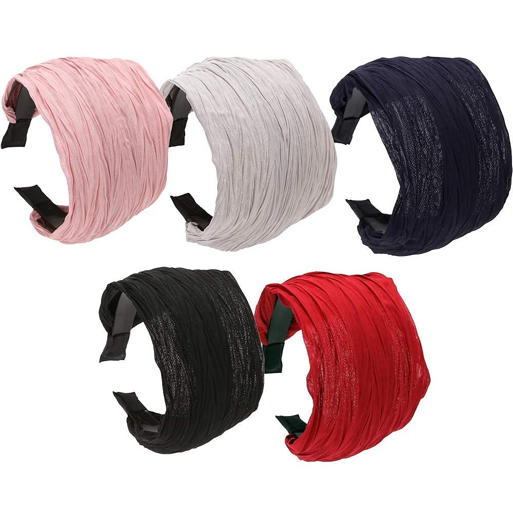 LONEEDY5 Pack Wide Hard Headband with Teeth for Women, Girls’s Hair Band Pleated Cloth Fabric Hair Hoop Accessories (Mixed colors A)