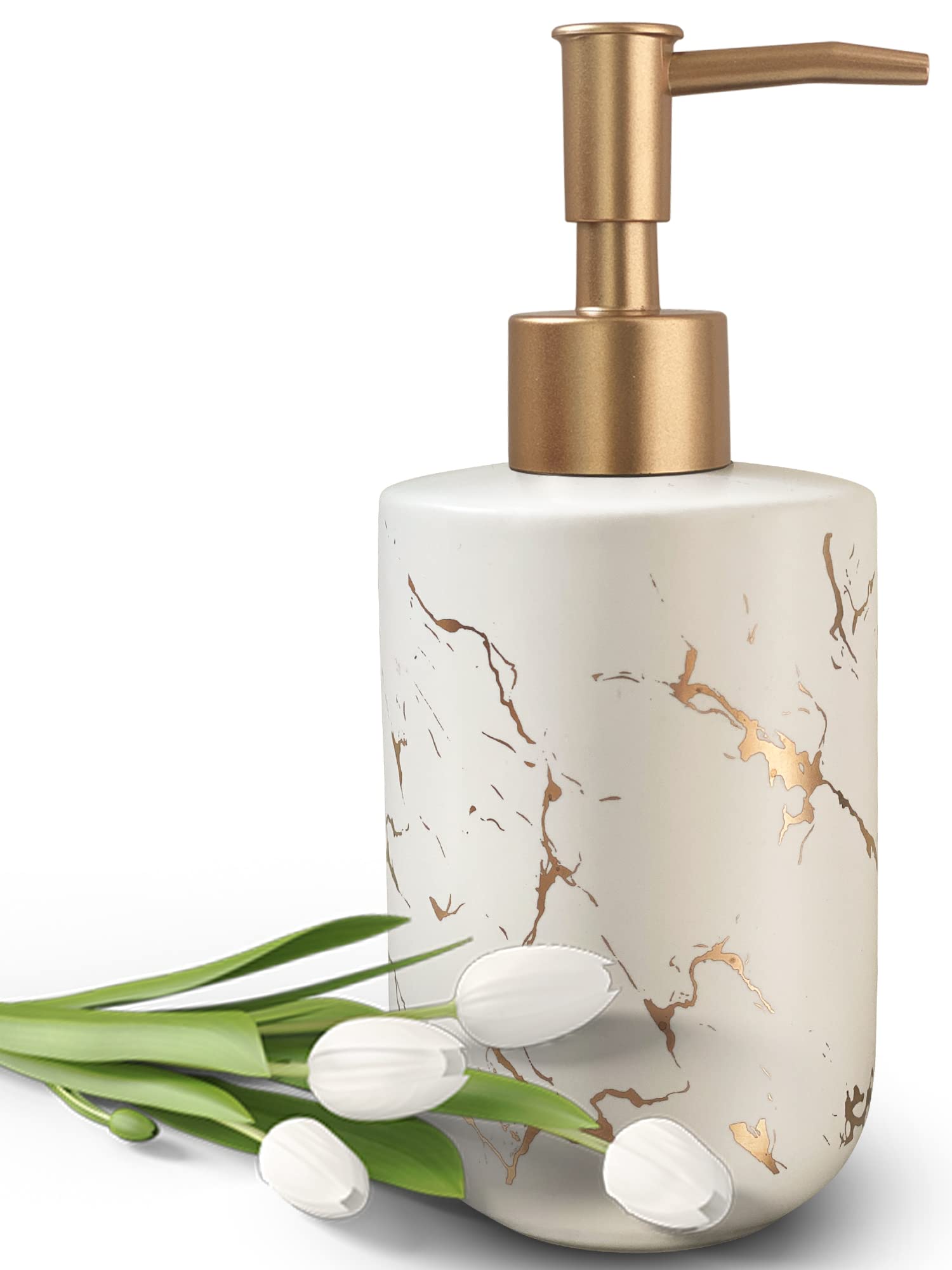 Gold Ceramic Soap Dispenser for Bathroom White Soap Dispenser for Kitchen Sink Dish Soap Dispenser with Marble Pattern Liquid Hand Soap Dispenser Pump Bottle (White)