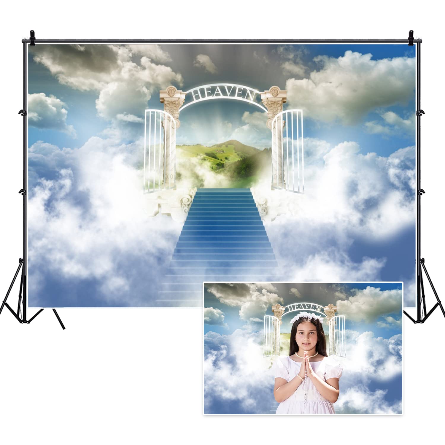 DORCEV 6x4ft Heaven Backdrop Heaven Gate Stairway to Heaven Background for Photography Heaven Sent Theme Baby Shower Baptism Christening Party Banner Light of Heaven Church Events Kids Studio Props