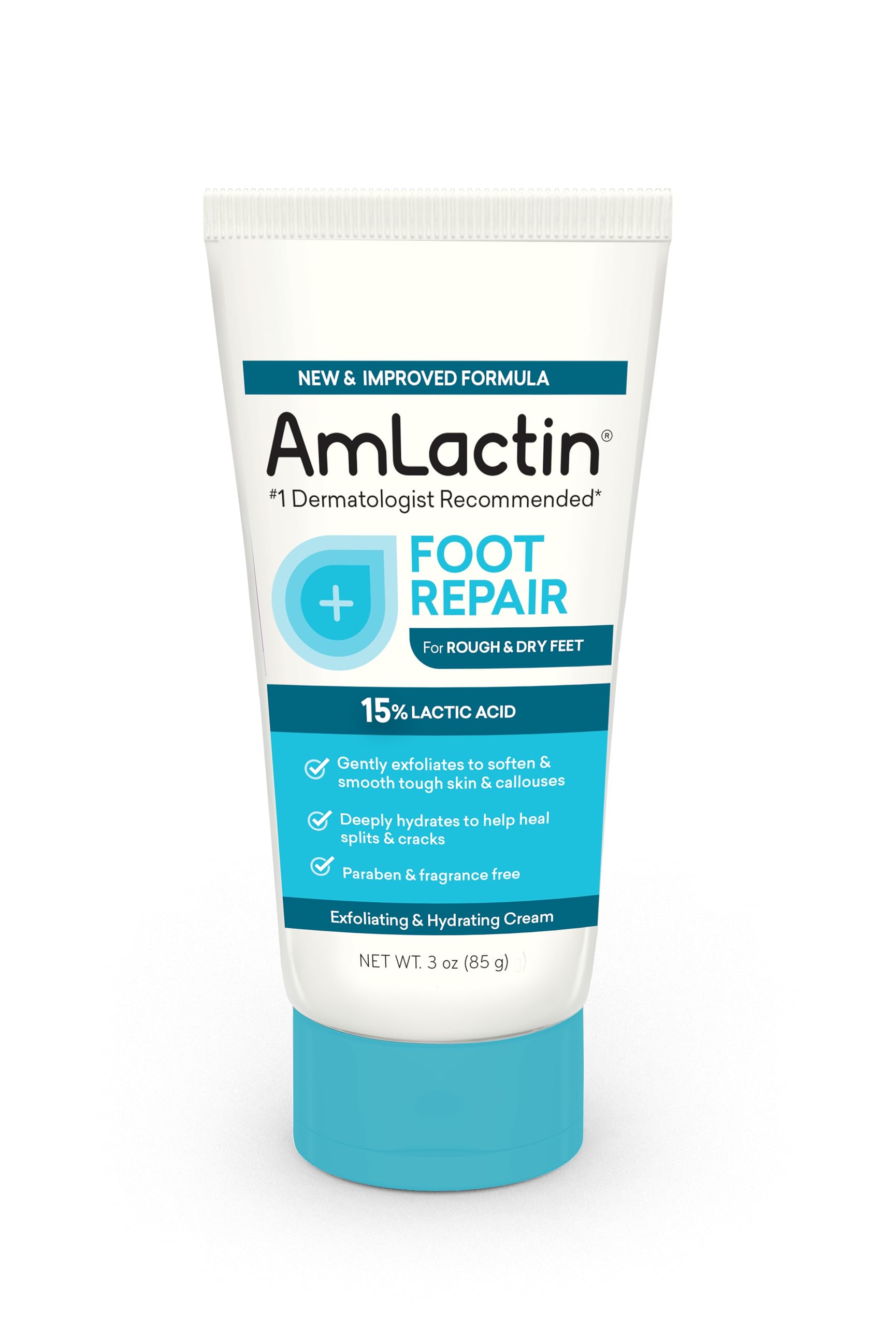 AmLactinFoot Repair Cream - 3 oz Foot Cream for Dry Cracked Heels with 15% Lactic Acid - Exfoliator and Moisturizer for Dry Skin & Foot Care (Packaging May Vary)