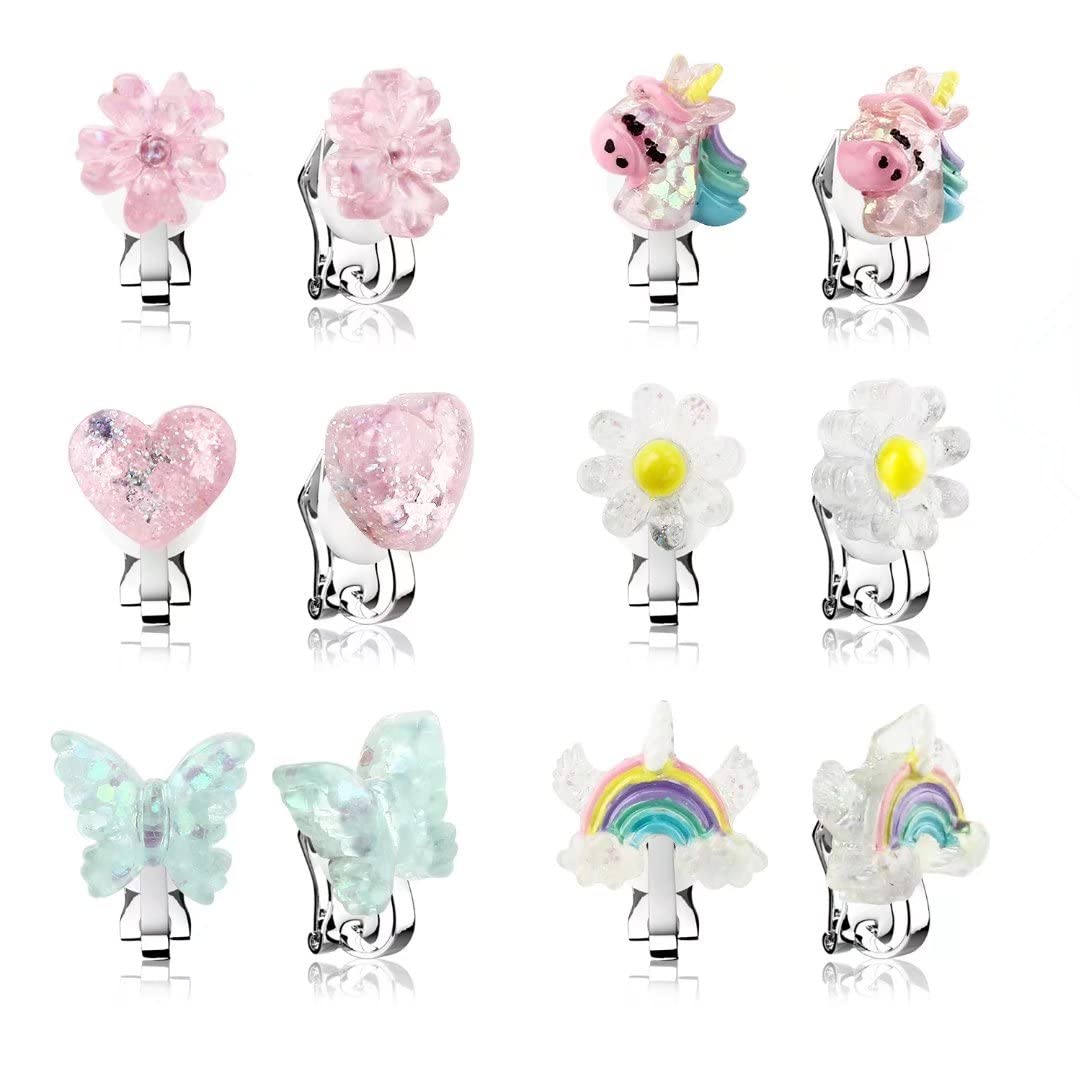 Gilli6Pairs Crystal Unicorn Clip On Earrings for Little Girls, Rainbow Earrings Butterfly Earrings Toddler Girls Dress Up Jewelry