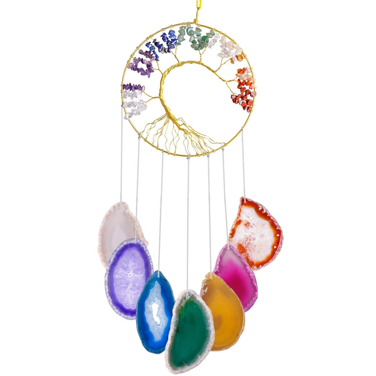 SUNYIK Tree of Life Agate Slice Wind Chime, Handmade 7 Chakra Stone Healing Crystal Windchime for Indoor Outdoor Decoration Ornament