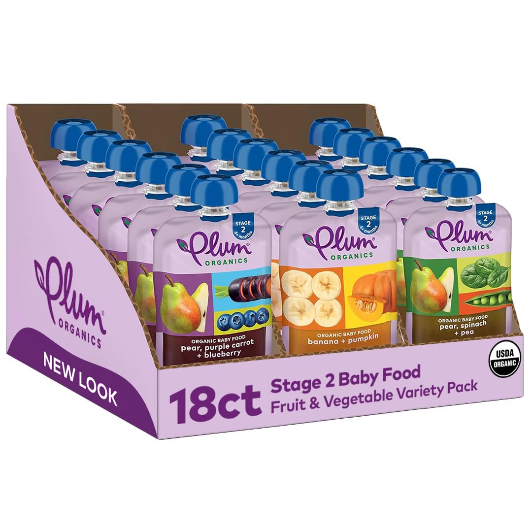 Plum OrganicsStage 2 Organic Baby Food - Fruit and Veggie Variety Pack - 4 oz Pouch (Pack of 18) - Organic Fruit and Vegetable Baby Food Pouch