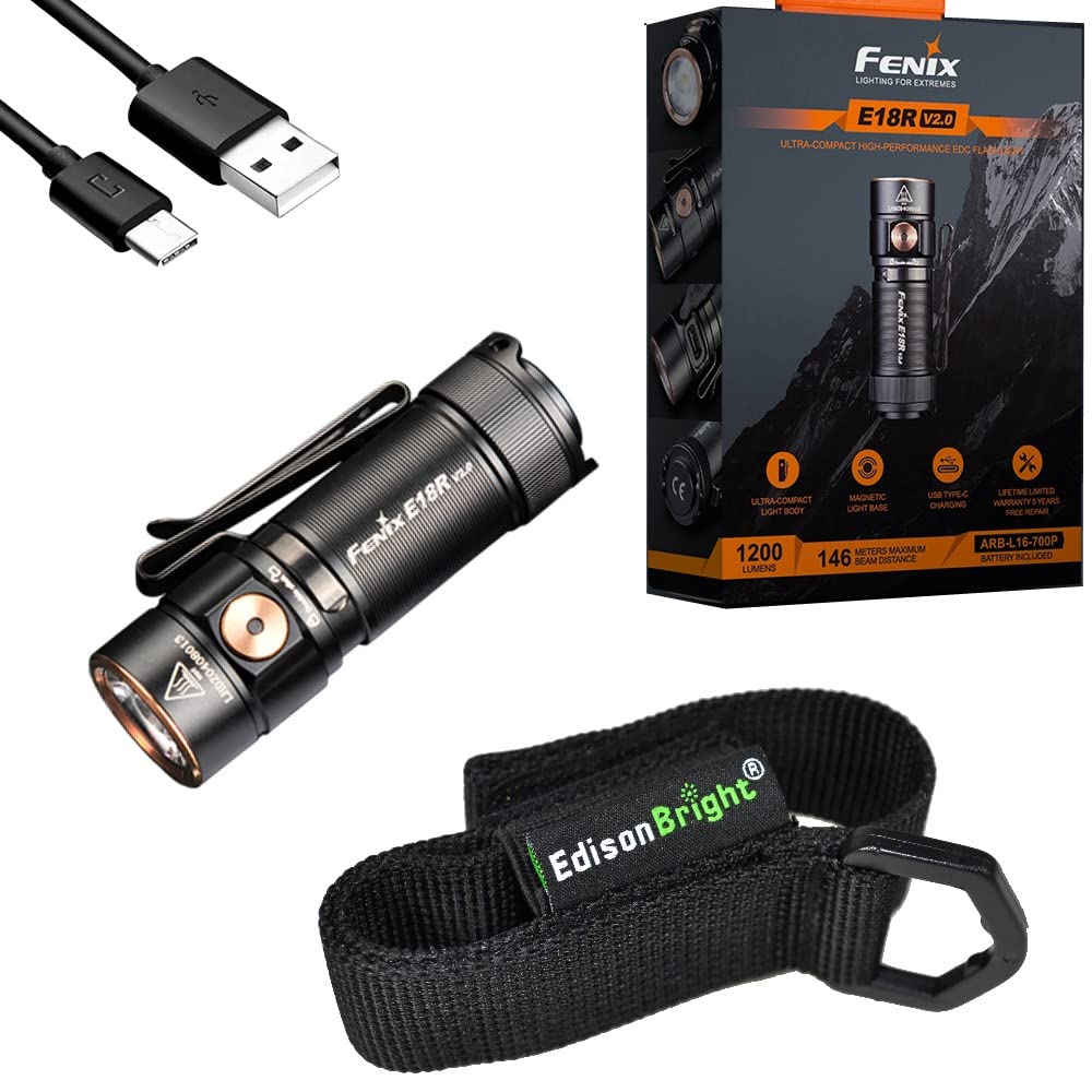 FenixE18R V2 1200 Lumens EDC Rechargeable Flashlight with Edisonbright Holster Bundle