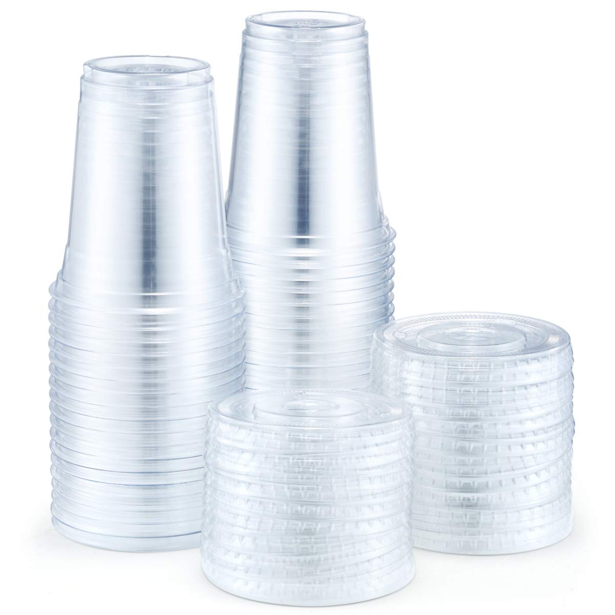 Eupako 12 oz Plastic Cups with Lids 100 Sets Clear Disposable Plastic Party Cups with Flat Lids to Go, Cold Drink Cups, Smoothie Cups, Milkshake Cups