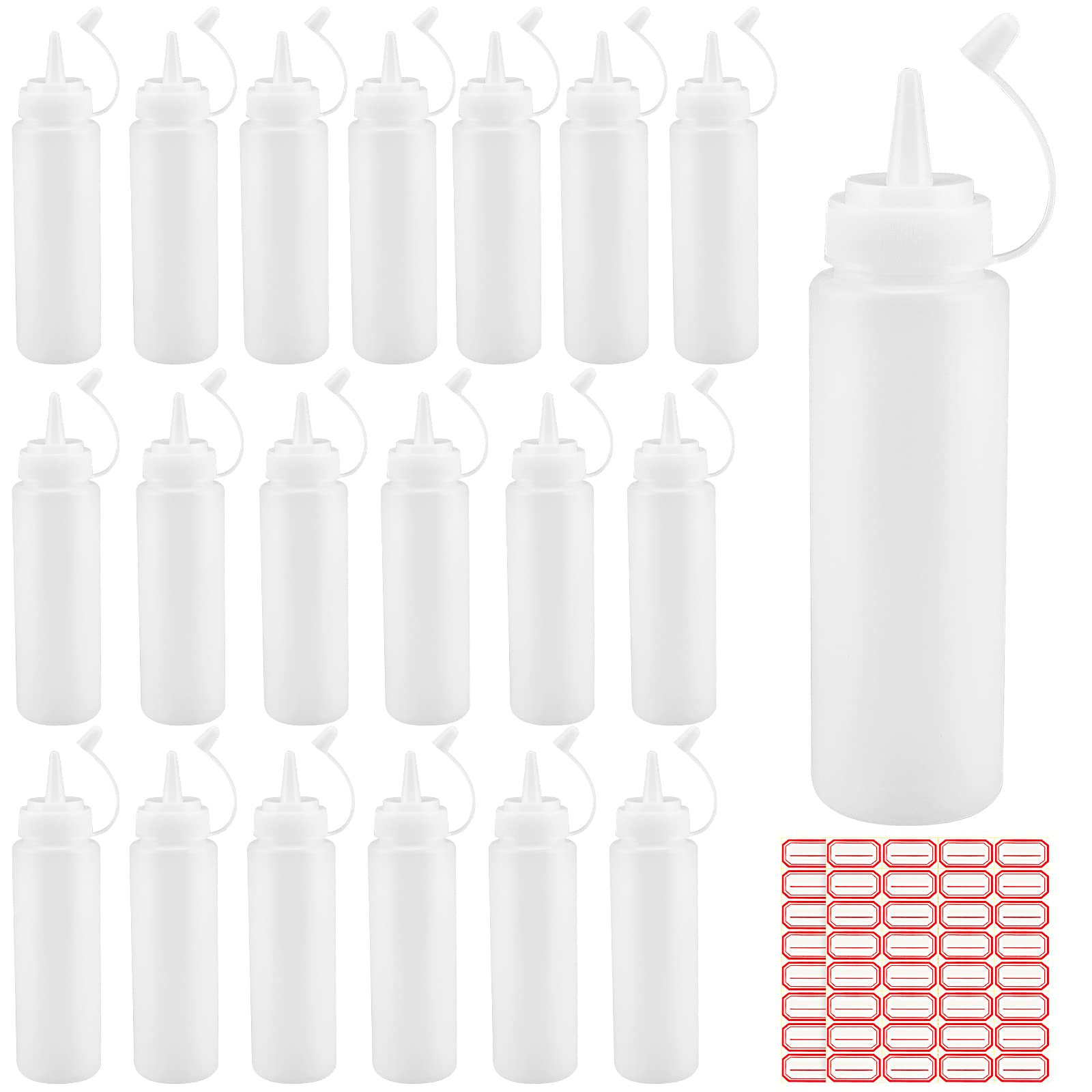 SINJEUN 20 Pack Squeeze Bottles with Caps, 250ml/8.8oz Plastic Sauce Bottle with Labels, Squeeze Condiment Bottles Squeezy Sauce Bottles for Ketchup, Oil, Icing, Translucent White