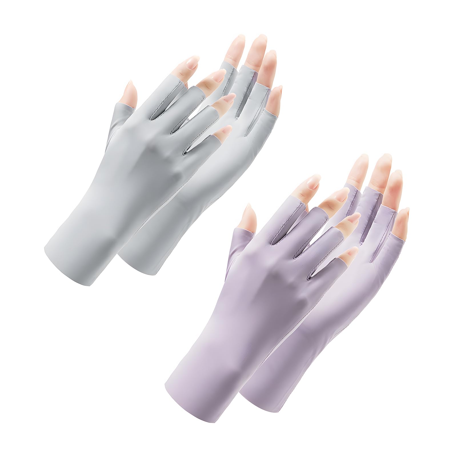 Women UV Sun Protection Gloves 2 Pairs, Summer Breathable Ice Silk Sunblock Gloves Half Finger for Riding, Golf, Fishing