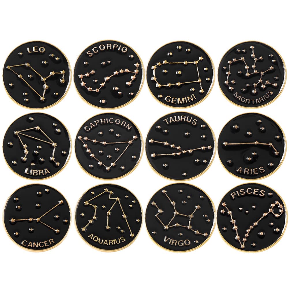 Sewroro 12Pcs Constellation Enamel Pin Star Sign Lapel Pin Vintage Zodiac Brooch Pin Jewelry Pin for Backpacks Jackets Hat (Black)