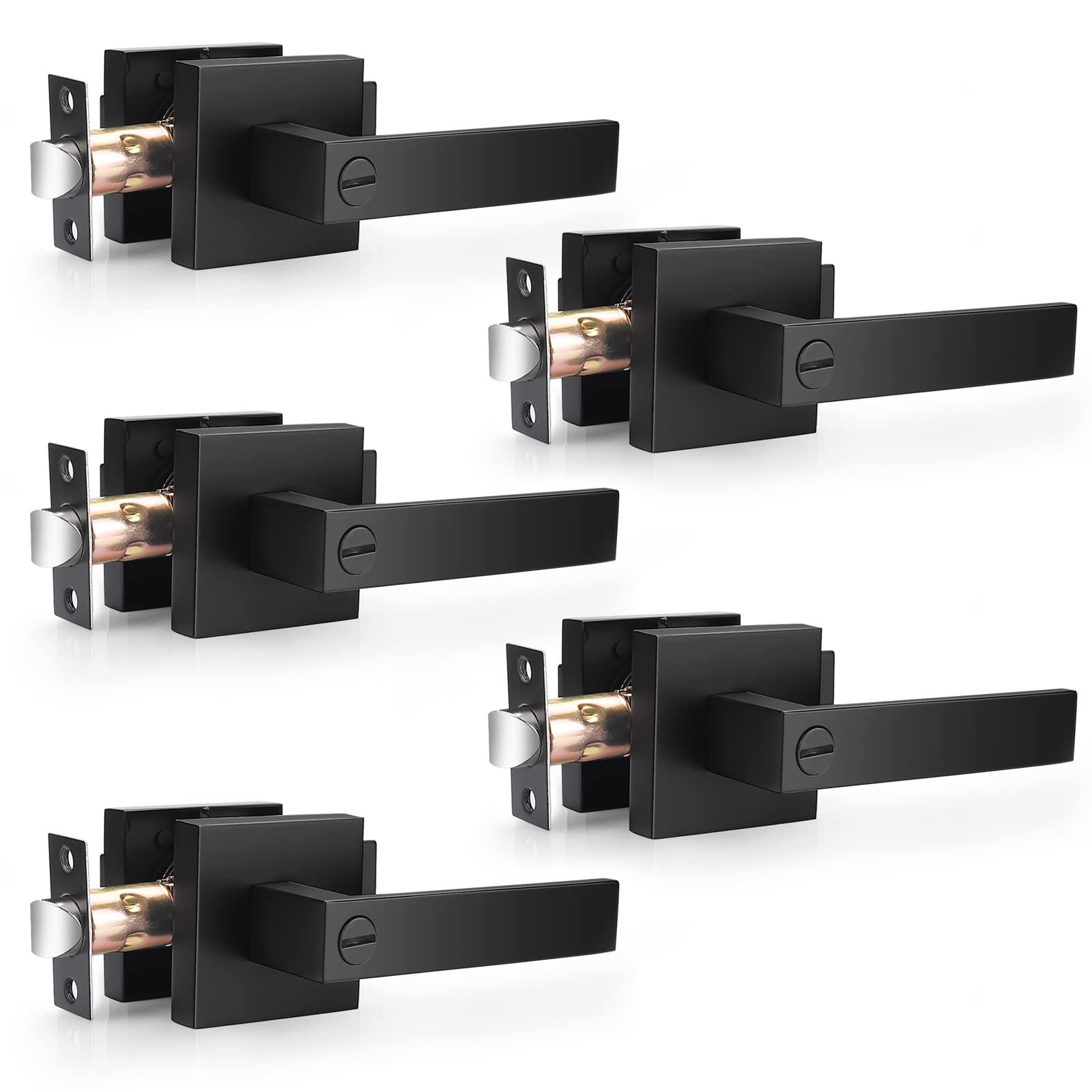 Probrico 5 Pack| Square Privay Levers for Bed and Bath in Matte Black Finish, Heavy Duty Interior Locksets Keyless Leversets, Reversible for Right & Left Sided Doors