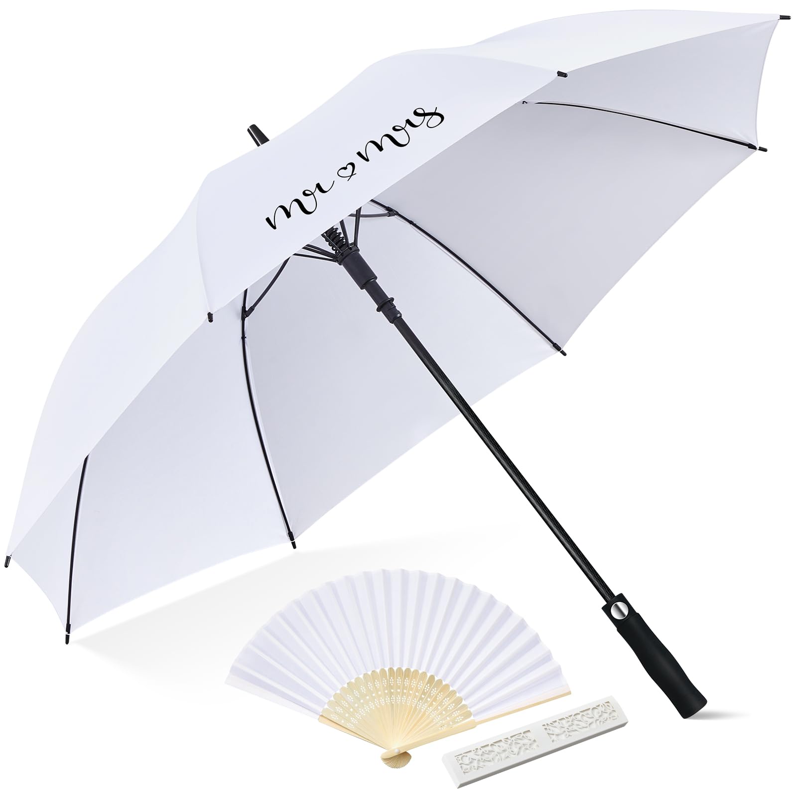 HestyaWhite Wedding Umbrella with Mr and Mrs Printed and Handheld Wedding Fans Hand Folding Fan with Gift Box 120 cm Handheld Sun Umbrella Wedding Gifts for Vintage Bridal Party Decor Photo Prop