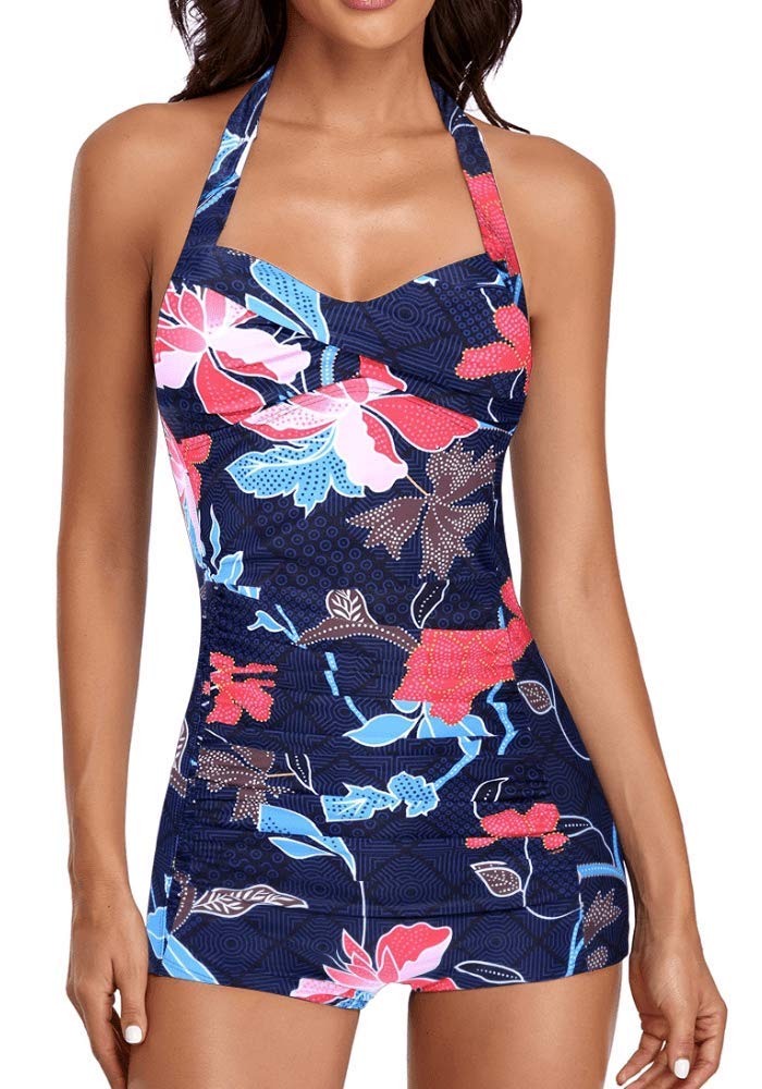 Elegant Inspired Boy-Leg One Piece Ruched Monokinis Swimsuit, Flowered