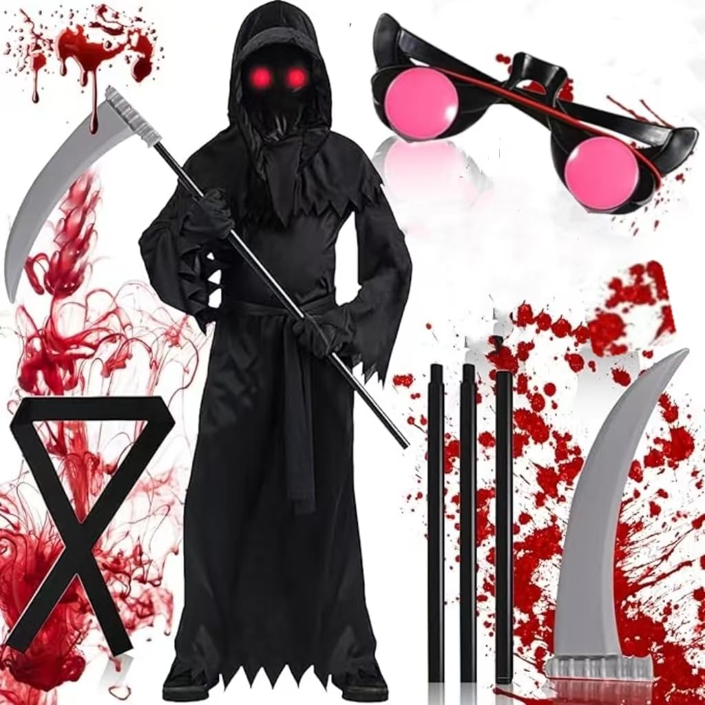 ORCHID M ® Halloween costume set, cool Halloween costume, suitable for red eyed children and adults Halloween Reaper costume, Halloween hooded cape black horror Reaper costume accessory（L）