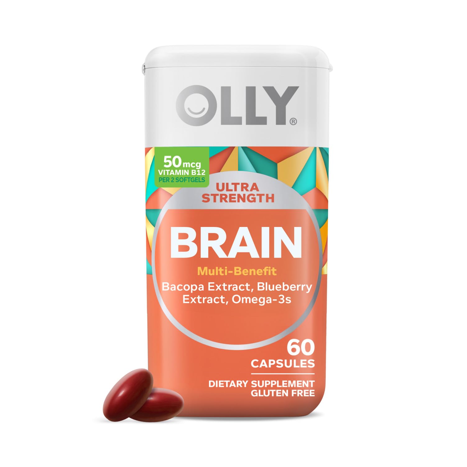 OLLY Ultra Strength Brain Softgels, Nootropic, Supports Healthy Brain Function, Memory, Focus and Concentration, Omega-3s, Vitamins B6 and B12, 30 Day Supply - 60 Count