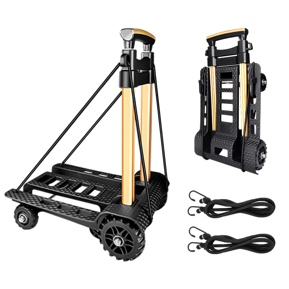 FELICON Folding Hand Truck Portable Dolly Compact Utility Luggage Cart with 70Kg/155Lbs Heavy Duty 4 Wheels Solid Construction Adjustable Handle for Moving Travel Shopping Office Use (Black)