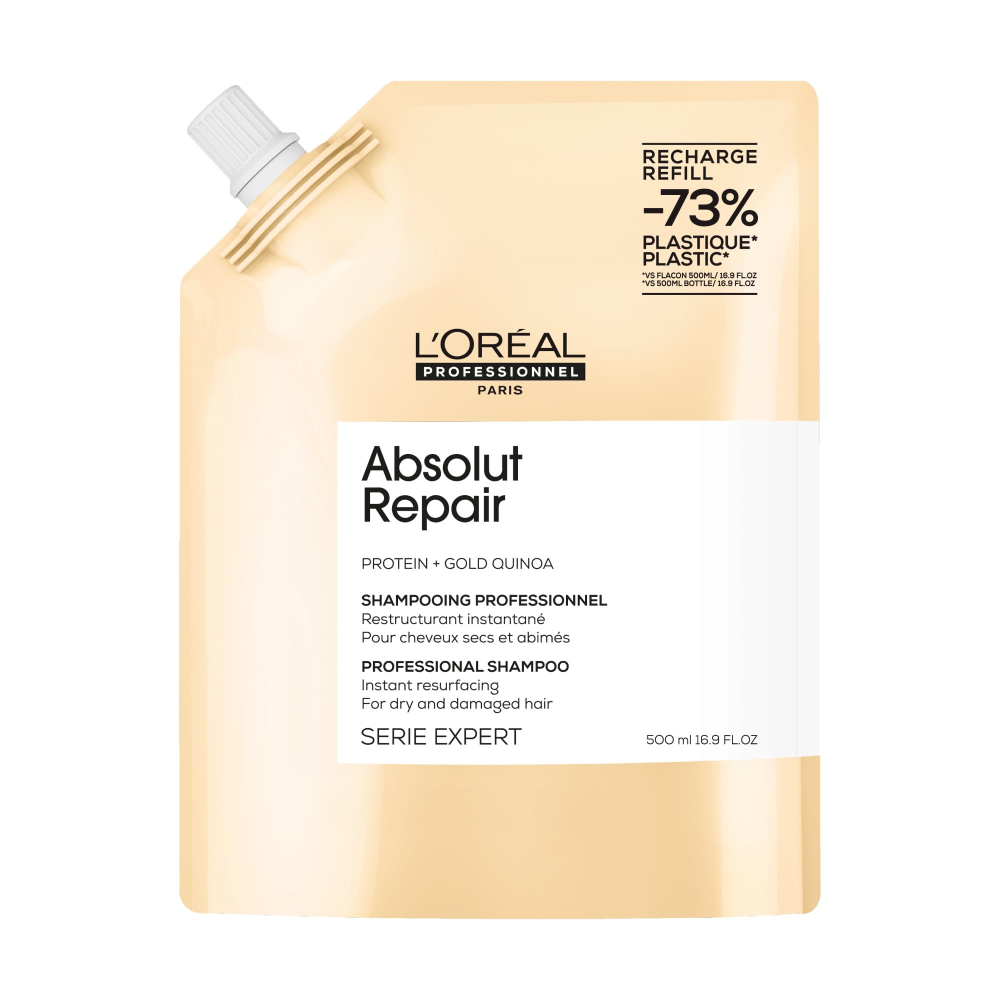 L’Oréal Professionnel Absolut Repair Shampoo Refill Pack For Dry & Damaged Hair Softer & Shinier Hair Moisturising, Nourishing & Repairing Sulphate-Free & Vegan Shampoo 500ml