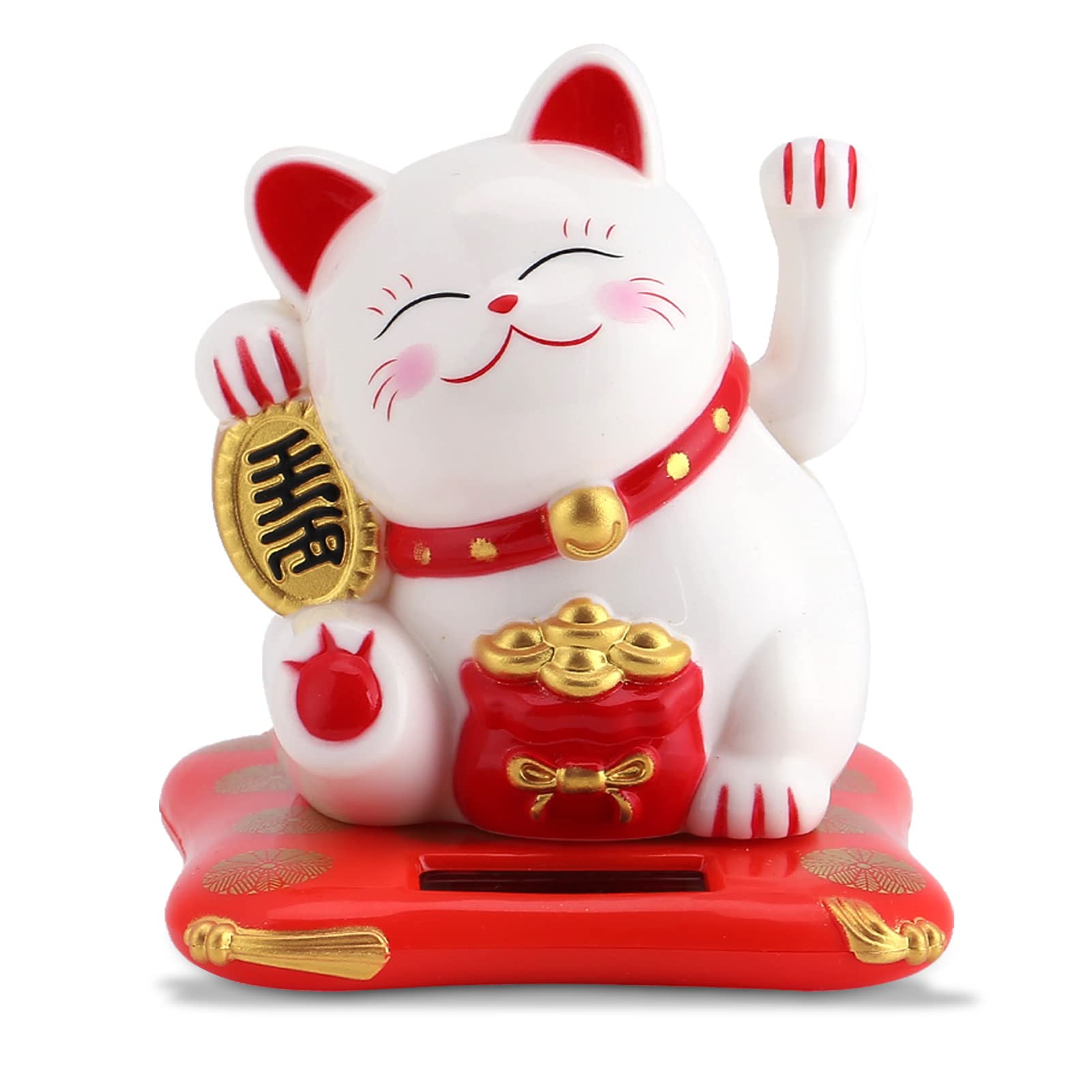 Mini Lucky Cat Waving Arm, Solar Powered Chinese Lucky Money Cat Ornament Feng Shui Decor for Home, Office Front Desk, Car Dashboard, Business Openings(White)