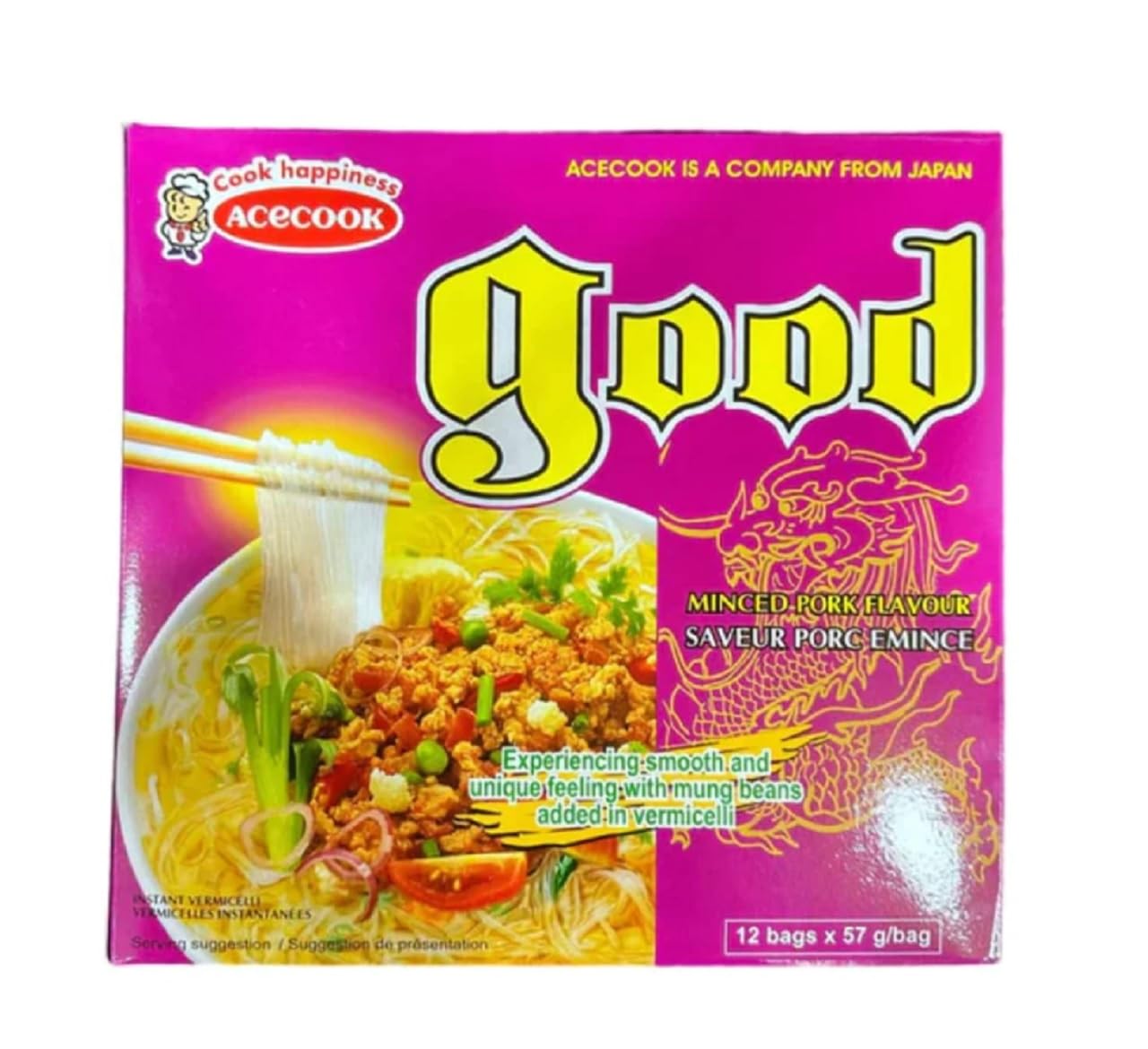 Case Set - Instant Vermicelli Clear Noodles Minced Pork Flavor Acecook - 12 Goi Mieng Thit Bam An Lien Acecook - 2 Oz per Bag x 12 Bags per Box