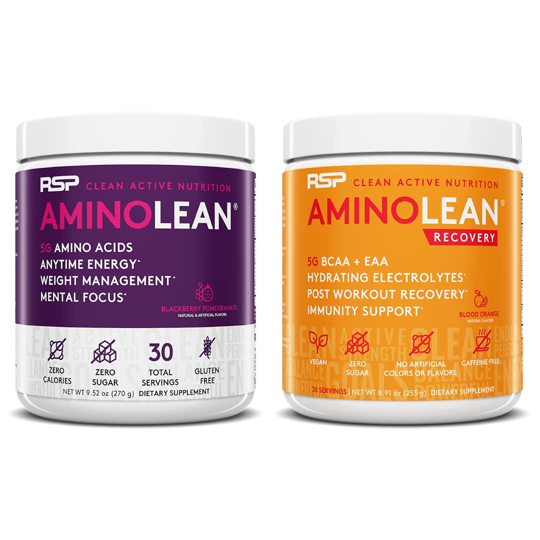 RSP NUTRITION AminoLean Pre Workout Energy (BlackBerry Pomegranate 30 Servings) with AminoLean Recovery Post Workout Boost (Blood Orange 30 Servings)