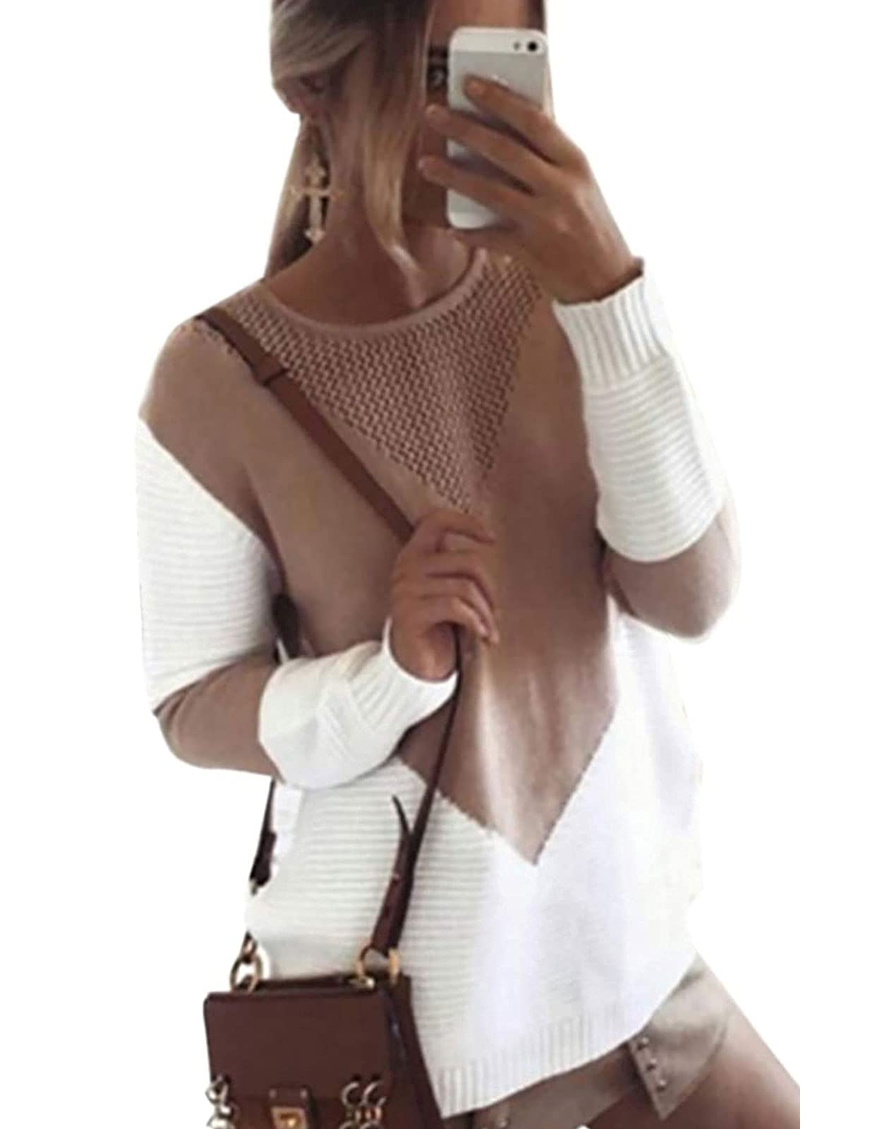 shermie Women Color Block Knitted Jumper Loose Long Sleeve Pullover Sweater