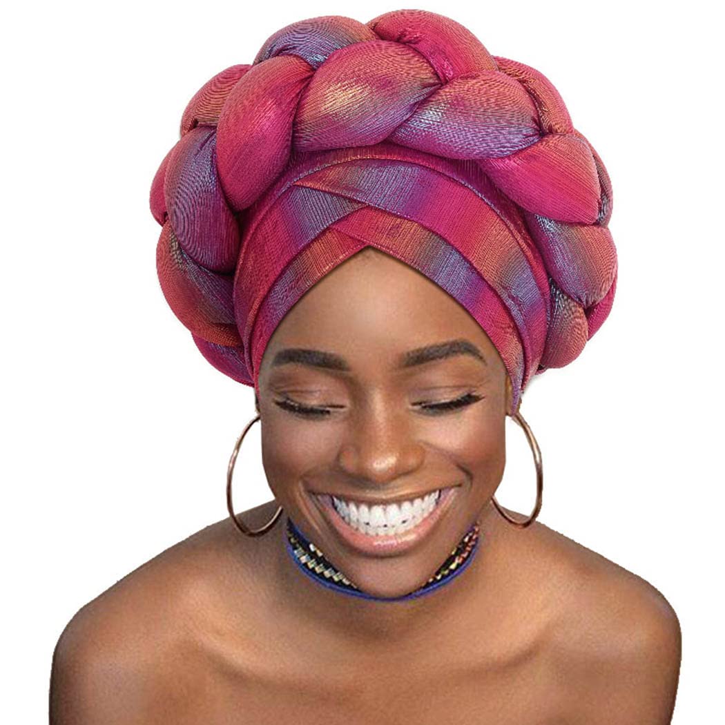 WoeoeWomen African Turban Rose Red Braid Beanie Cap Headwear Pre-Tied Stretchy Twisted Head Turbans