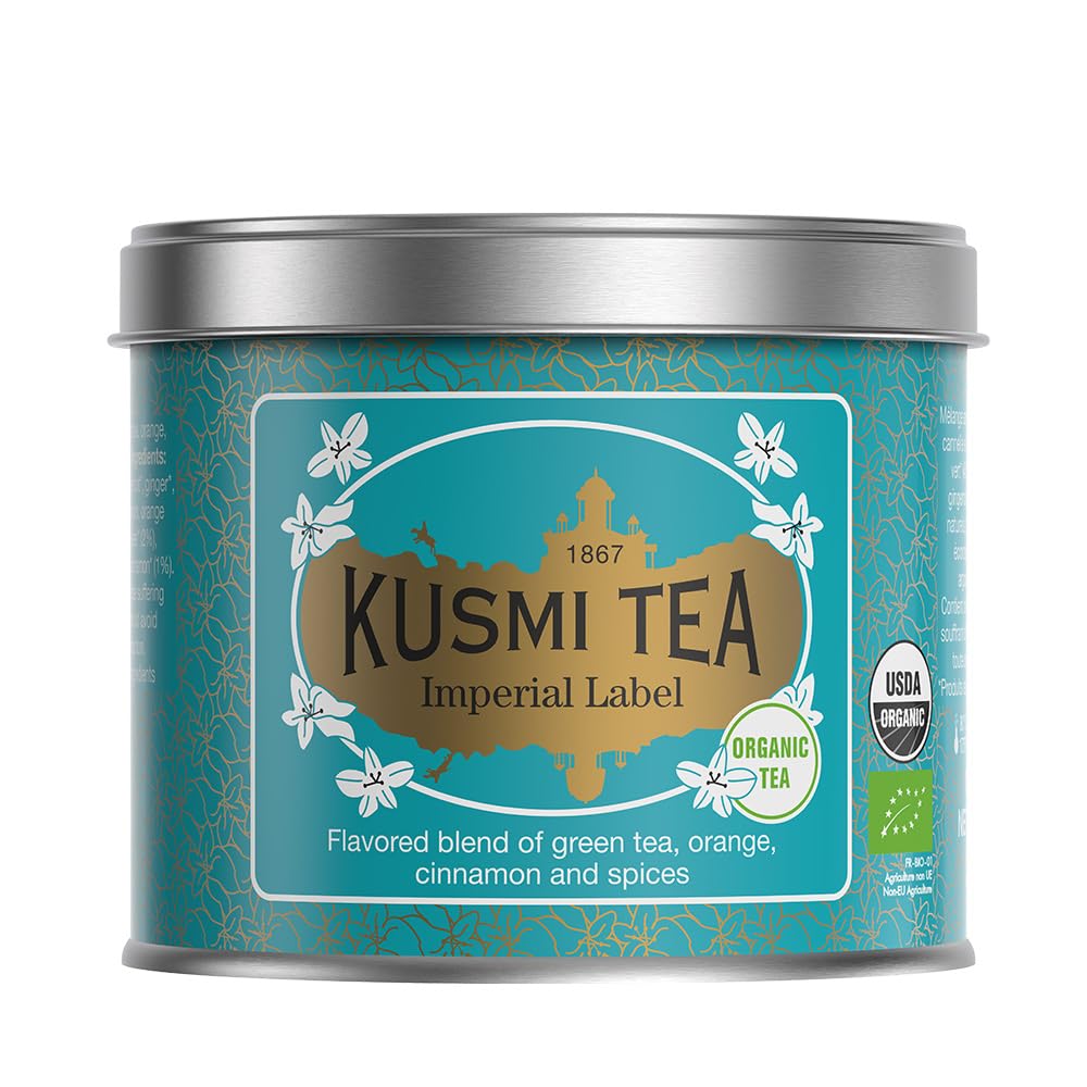 Kusmi Tea - Label Imperial - Organic Green Tea - Blend of Chun Mee Green Tea, Cinnamon, Cardamom, Orange Peel and Licorice - Citrus & Spices - Loose Leaf Tea - Tin Box of 3.5 oz - for about 50 cups