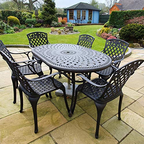 Lazy Susan June 6 Seater Oval Garden Table and Chairs Set, Maintenance Free, Weatherproof, Cast Aluminium, Antique Bronze Finish, Matching Rose Chairs