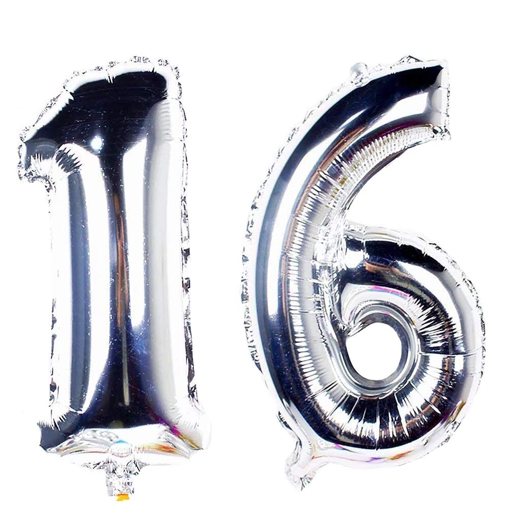 40 in Big Sweet 16 Number Balloons Jumbo Number 16 Balloons for Sweet 16 Birthday Decorations by AZOWA (Silver, 40 in)