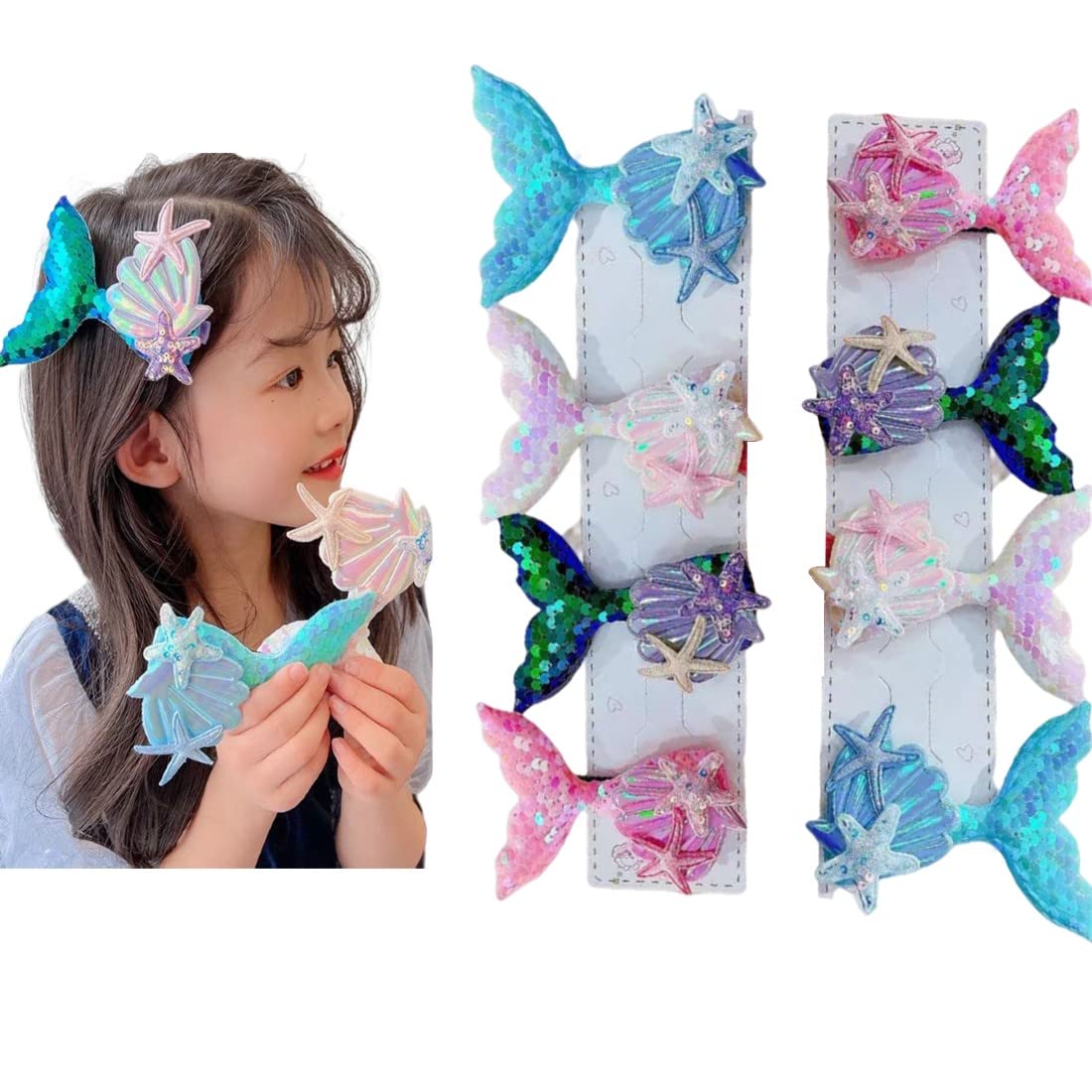 Samyak Pack of 8 Pcs Mermaid Hair Clips Seashell Cute Alligator Hair Pins Barrettes Sequined Starfish Headwear for Babies Kids Girls