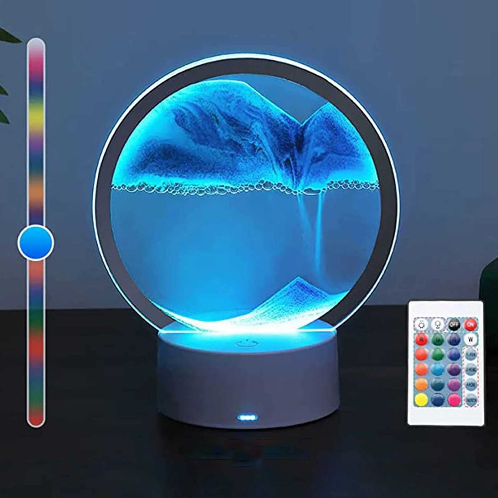 Moving Sand Art Picture with Light,3D Picture Flowing Sand Round Glass Display,360° Rotating Hourglass Decoration,Relaxing Desktop Home Office Desk Lamp Decor