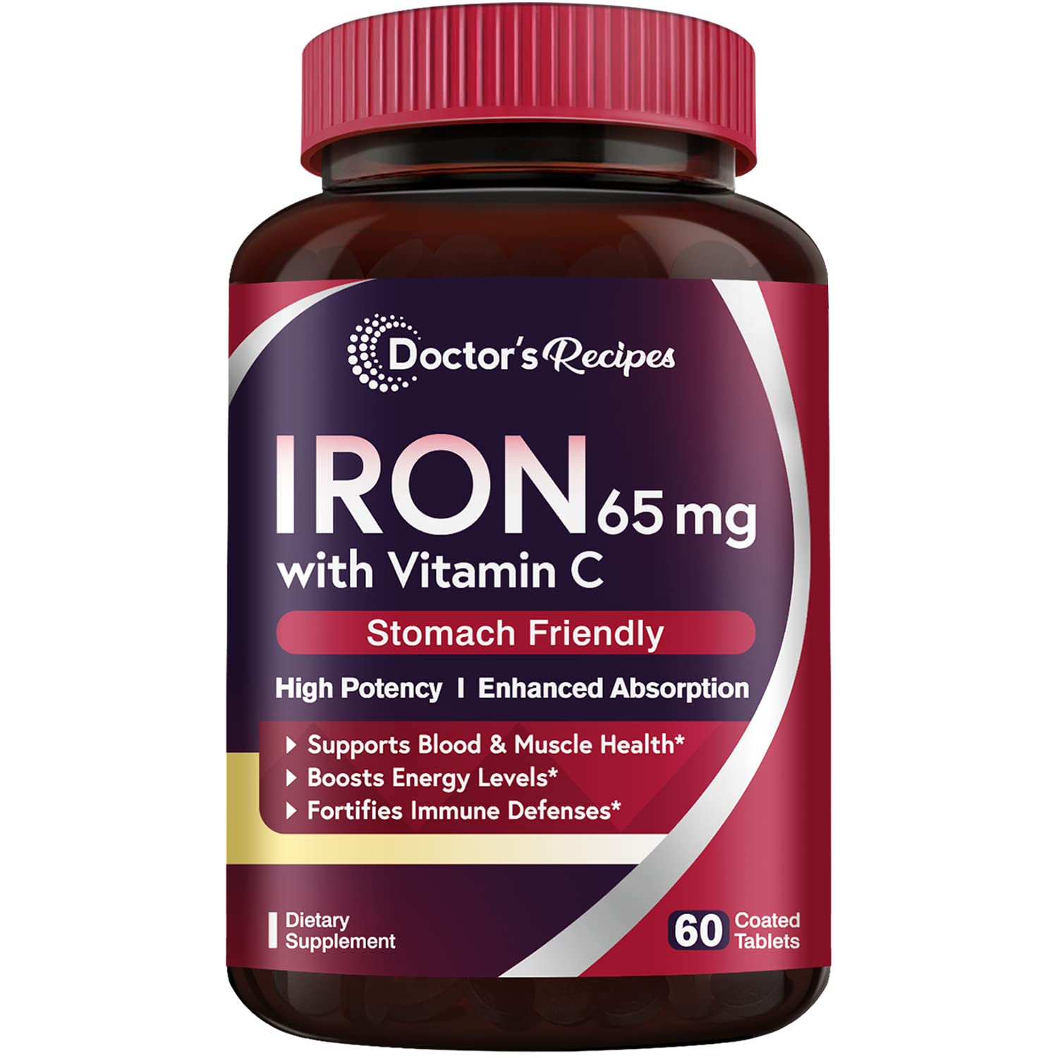 Doctor's Recipes Iron Supplement 65 mg with Vitamin C - Maximized Absorption, Stomach Friendly & High Potency Iron Pills for Red Blood Cells Formation & Immunity Health - Vegan Non-GMO 60 Iron Tablets