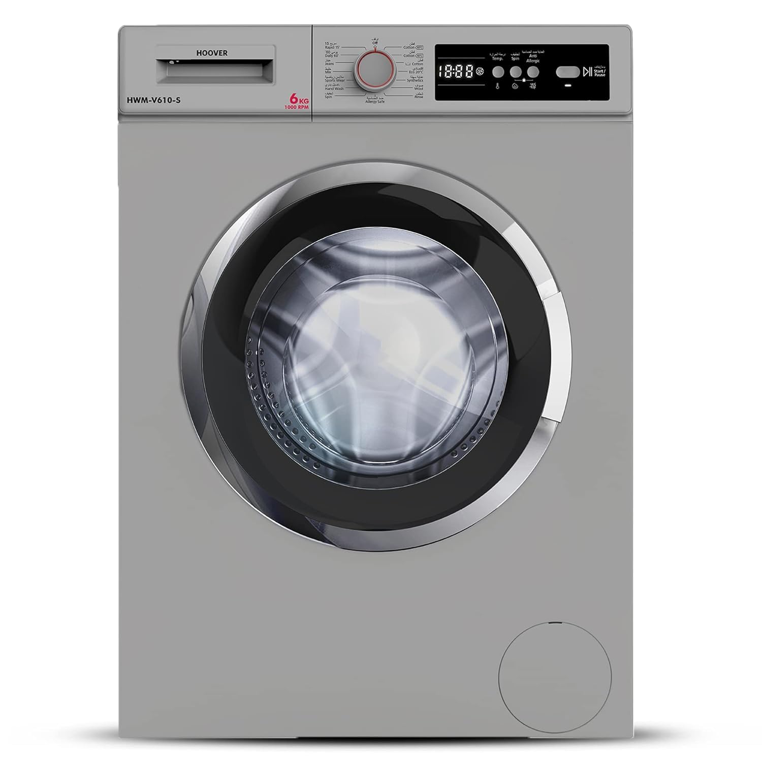 Hoover 6Kg Front Load Washing Machine, Fully Automatic, 1000 RPM, 15 Programs,Anti-Allergy, Child Safety Lock, Eco-Logic System, Made in Turkey, 1 Year Warranty,Silver - HWM-V610-S