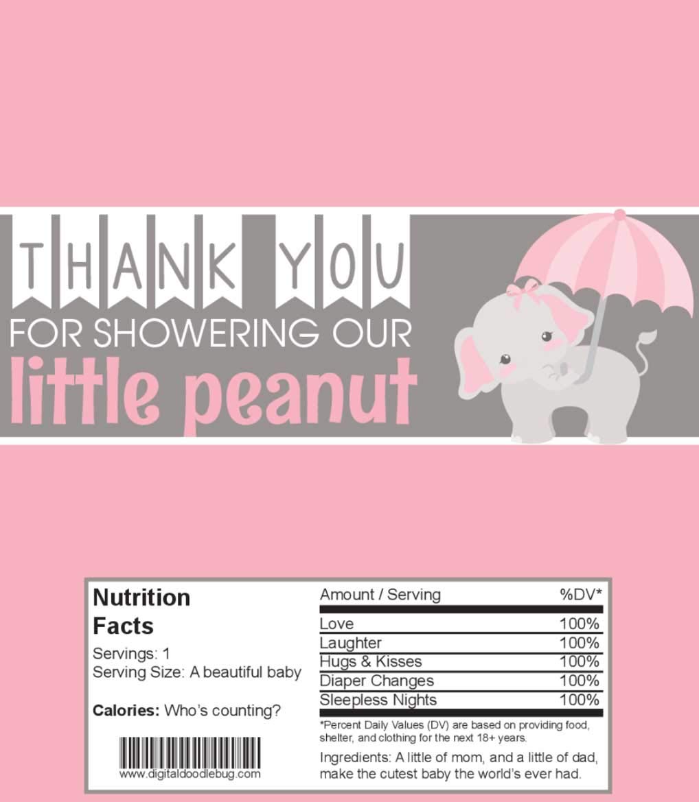 Digitaldoodlebug 25 Candy Bar Wrappers Baby Shower Favors or Decor Girl (Pink Elephant, NO foil or tape)