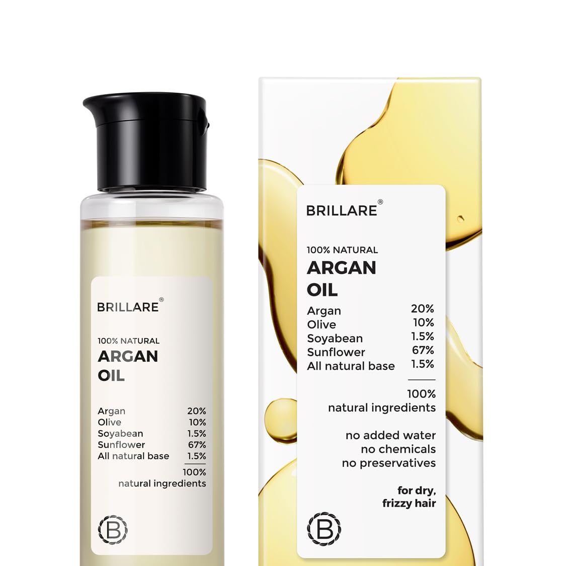 Brillare Argan Hair Oil, with the Goodness of Olive oil & Sunflower Oil, for Dry & Frizzy Hairs, 100% Natural Hair Oil, 100ml