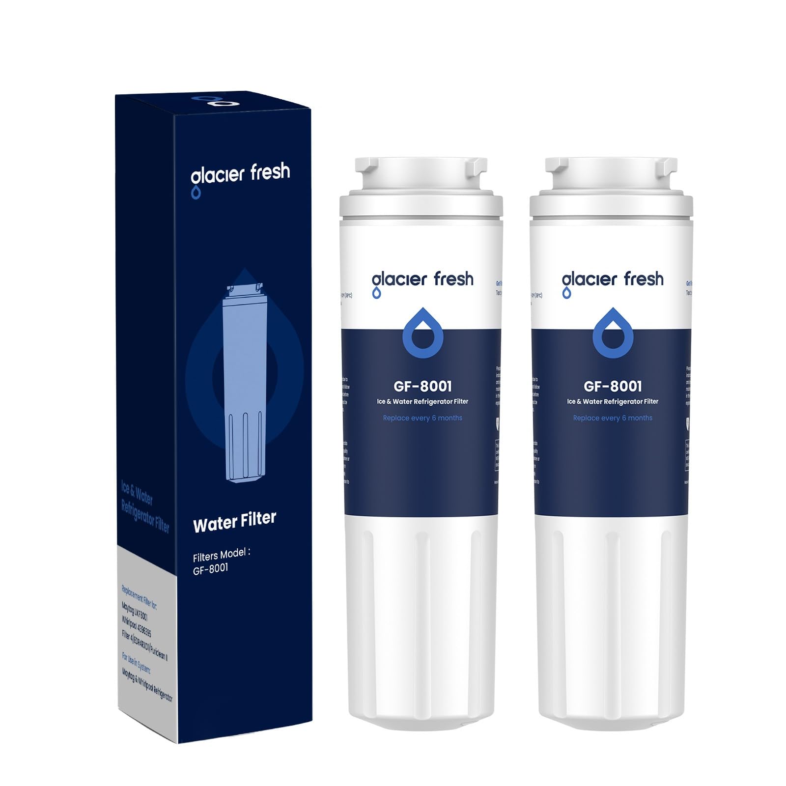 GLACIER FRESHUKF8001 Compatible with Whirlpool Refrigerator Water Filter 4, EDR4RXD1, EveryDrop Filter 4, 4396395, Maytag UKF8001, UKF8001AXX, WHR4RXD1, KAD4RXD1, 46-9006, Puriclean II, Pack of 2