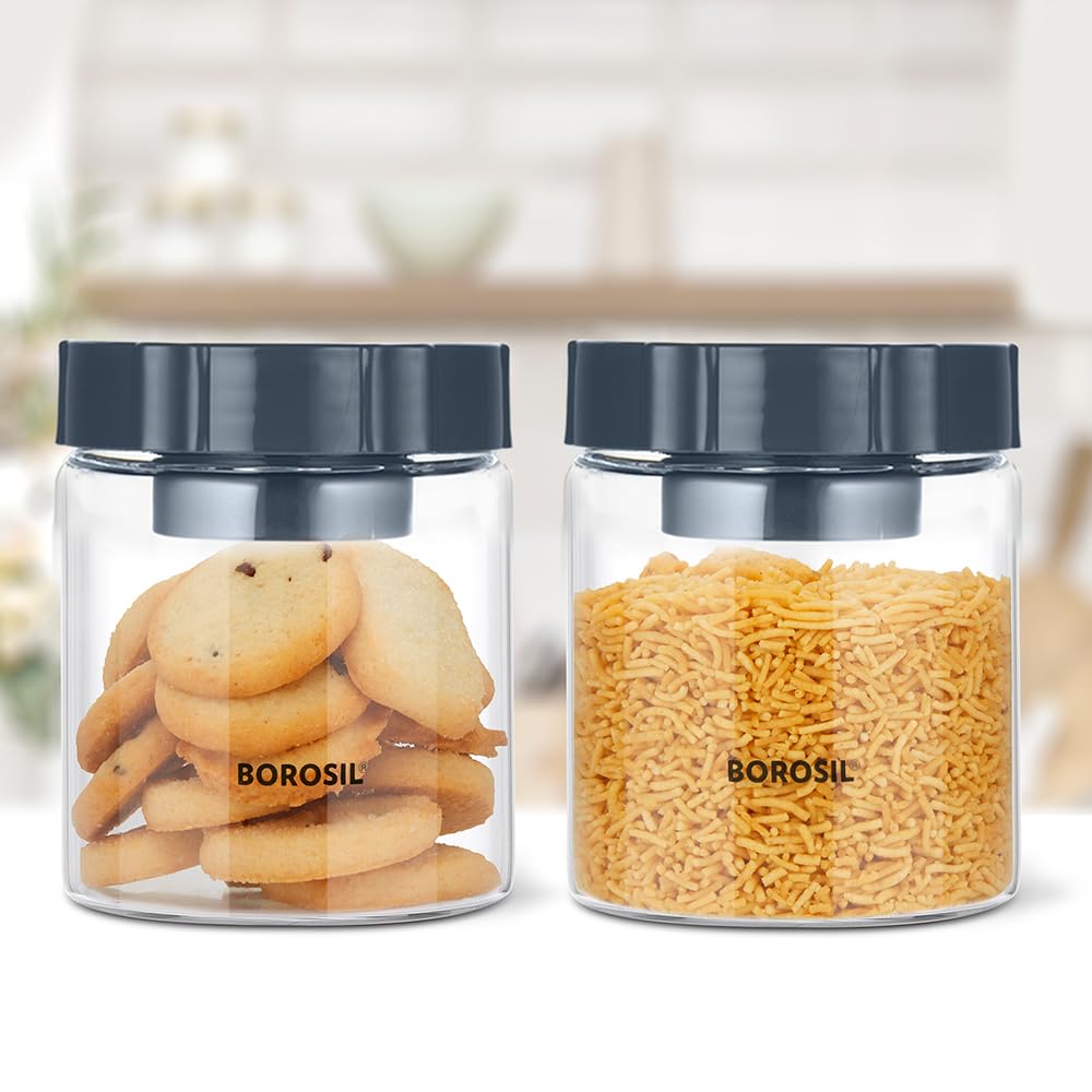 Borosil EasyScoop Endura Glass Jar with PP Lid & Scoop Cup, Set of 2 (600 ml Each), Air-Tight Storage Container for Kitchen, Glass Jar for Storing Spices, Dals, Grains, Rice