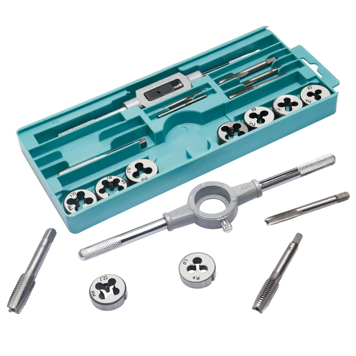 EilxMag 20 PCS Tap and Die Set - Metric Size M3, M4, M5, M6, M7, M8, M9, M10, M12 Tap Set and Die Set Threads Tapping Threading Tool Kit with Wrench Handle, Storage Box