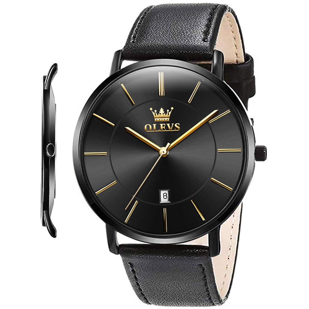 OLEVS Mens Watches Minimalist Ultra Thin Fashion Casual Analog Quartz Date Watch Waterproof Slim Simple Big Face Dress Wrist Watch with Retro Leather Band for Men