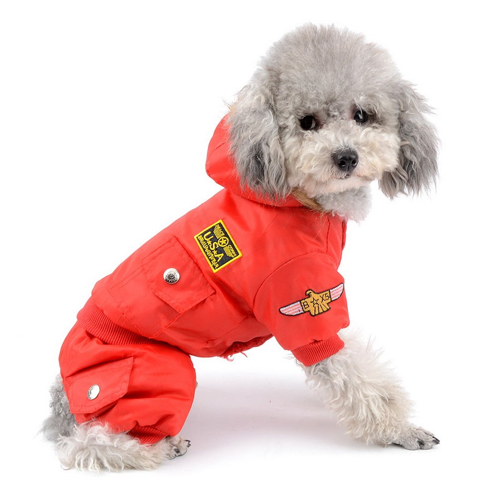 SELMAI Waterproof Fleece Lined Dog Coat Air Force Hooded Jumpsuit Snow Jacket Winter Dog Clothes for Small Girl Boy Puppy Red M