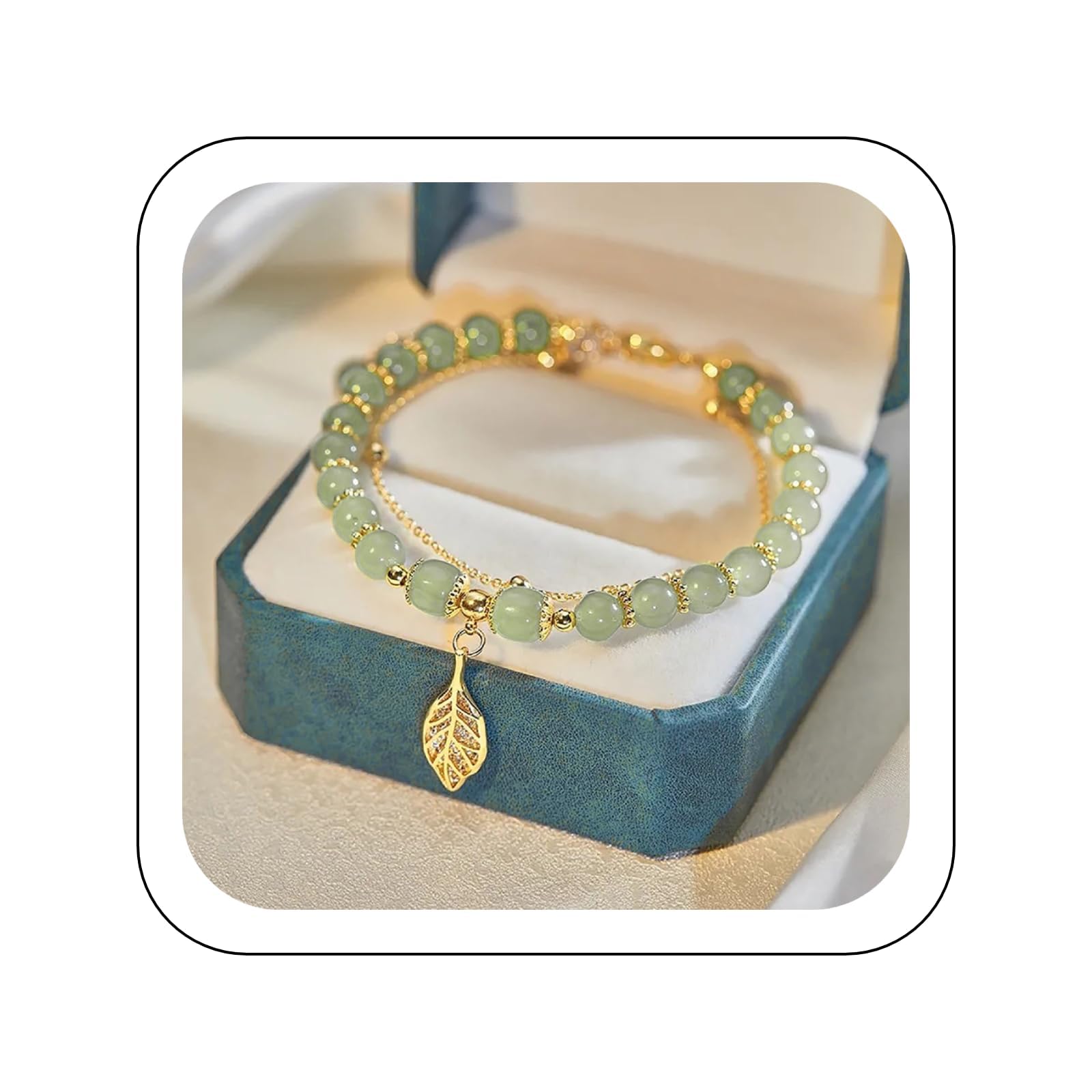 Hetian Jade Bracelet for Women 2024, Natural Green Nephrite Jade Bracelet with Gold Leaf Charm Bracelet Green Jade Bead Elastic Bracelet,Lucky Handmade Jade Bracelet Ladies Jewelry