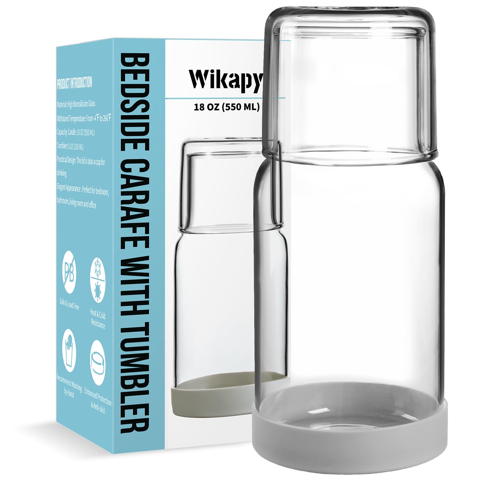 Wikapy Bedside Water Carafe and Glass Set, Night Bedside Carafe with Silicone Coaster, Water Carafe with Glass Cup for Nightstand Bedroom, Lead-free and Clear Mouthwash Dispenser for Bathroom, 18 OZ