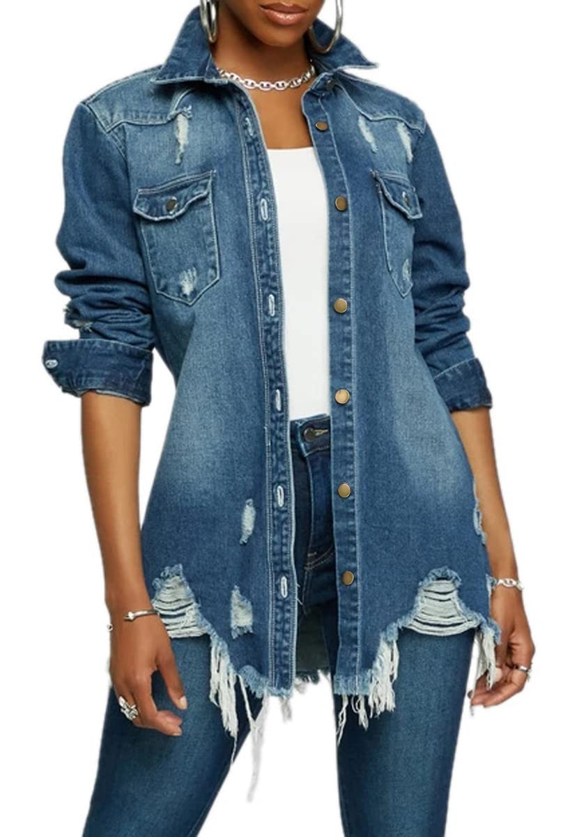 LaiyiVic Jean Jacket for Women Distressed Ripped Long Sleeve Oversized Denim Jackets