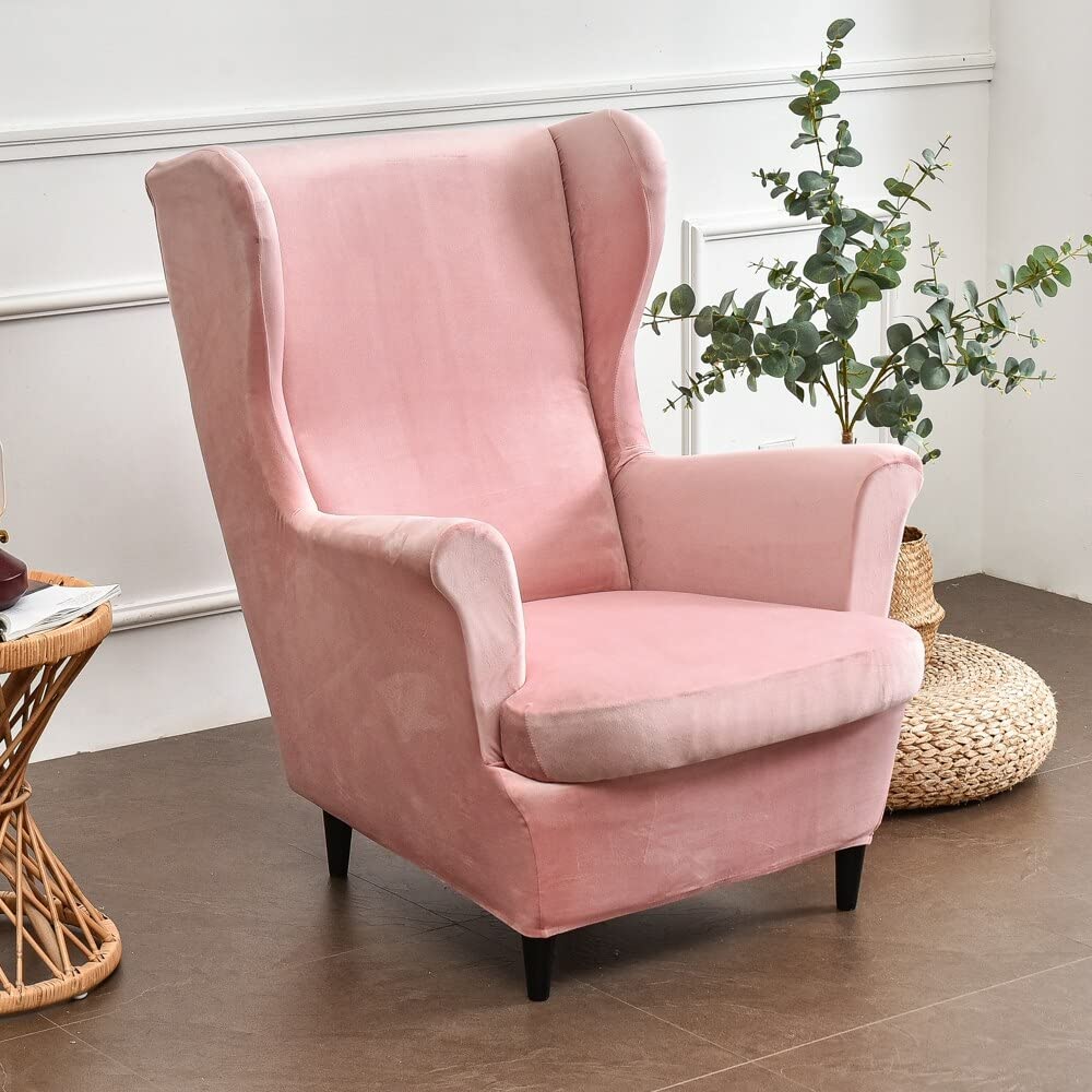 MAIYU 2-Piece Velvet Stretch Wing Chair Slipcovers with Cushion Cover Removable Washable Armchair Sofa Furniture Protector for Living Room (Pink)