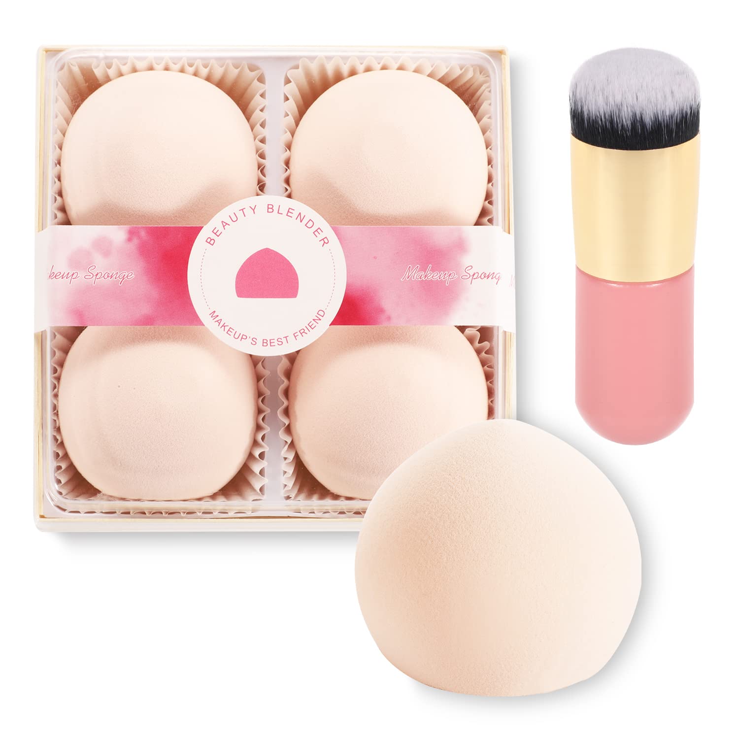 4 Pcs Makeup Sponges, Expanding Marshmallow Pink Foundation Beauty Blenders, Latex-Free Concealer Blenders with Foundation Brushes