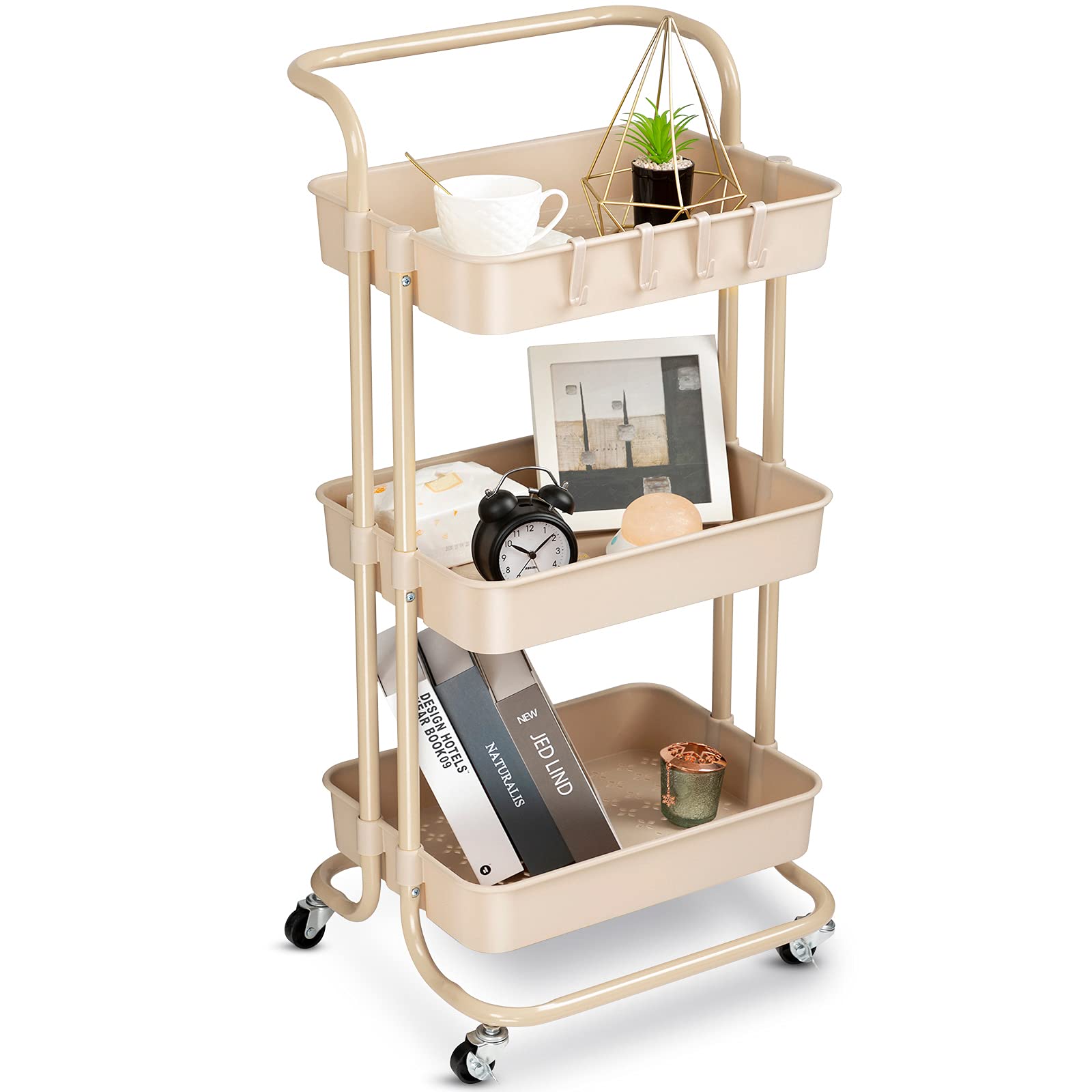 danpinera 3 Tier Rolling Utility Cart with Hooks & Handle &Wheels Storage Organization Shelves Coffee Bar Cart Service Cart Trolley for Kitchen, Bathroom, Office, Workshop (Beige)